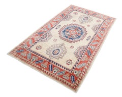 4x6.6 ft Hand Knotted Ivory, Red and Blue Rug with Geometric Medallion Design