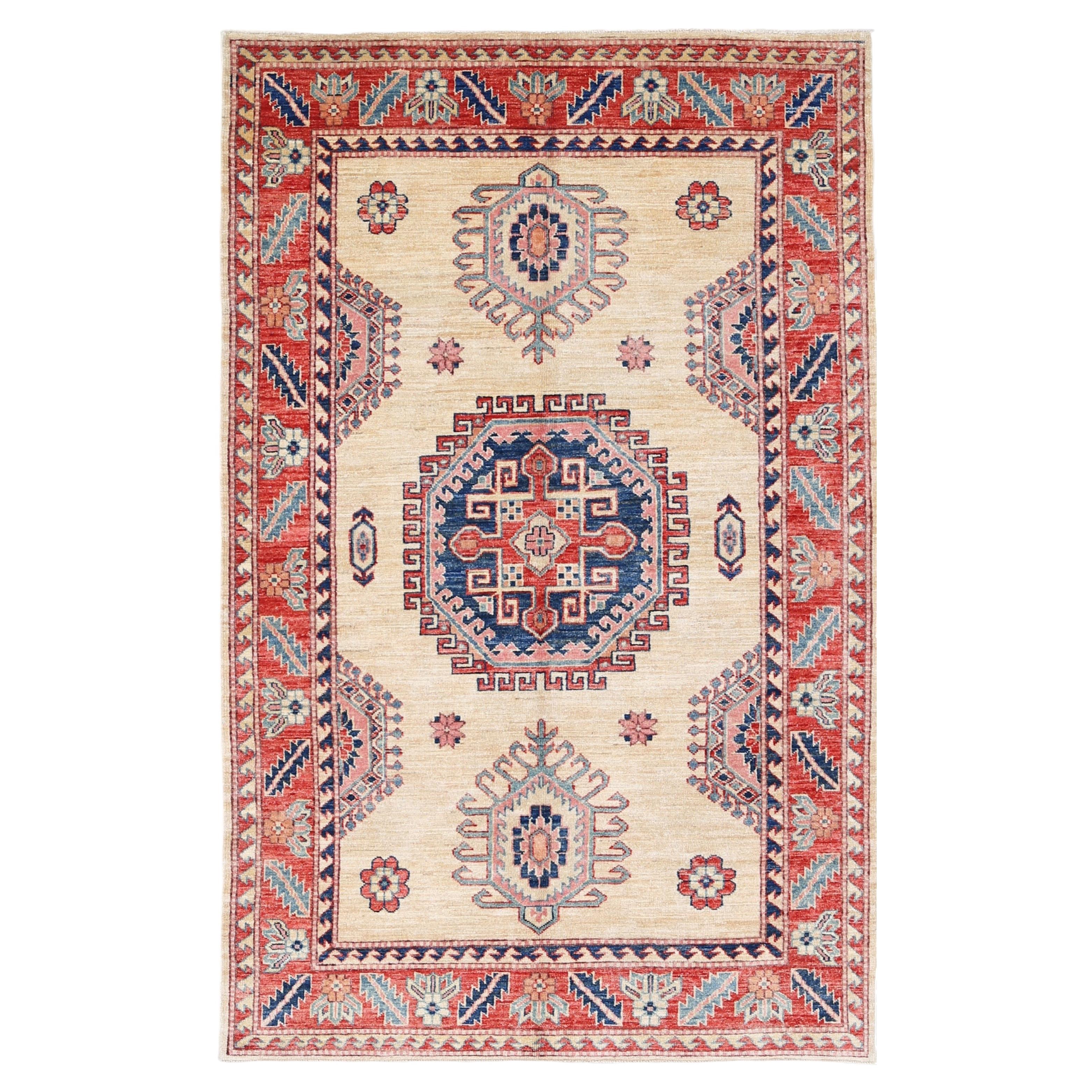 4x6.6 ft Hand Knotted Ivory, Red and Blue Rug with Geometric Medallion Design