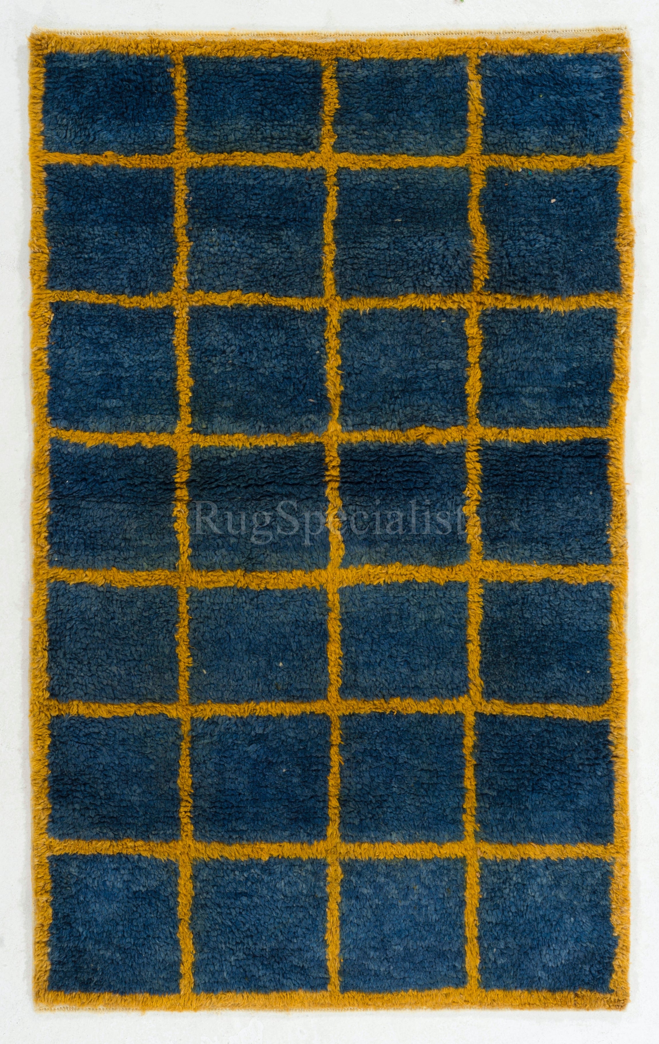Alfombra "Tulu" 4x6,6 Pies Nueva Hecha a Mano en Colores Azul y Amarillo Ámbar, Pelo de Lana Suave