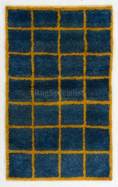 4x6.6 Ft New Handmade "Tulu" Rug in Blue & Amber Yellow Colors, Soft Wool Pile