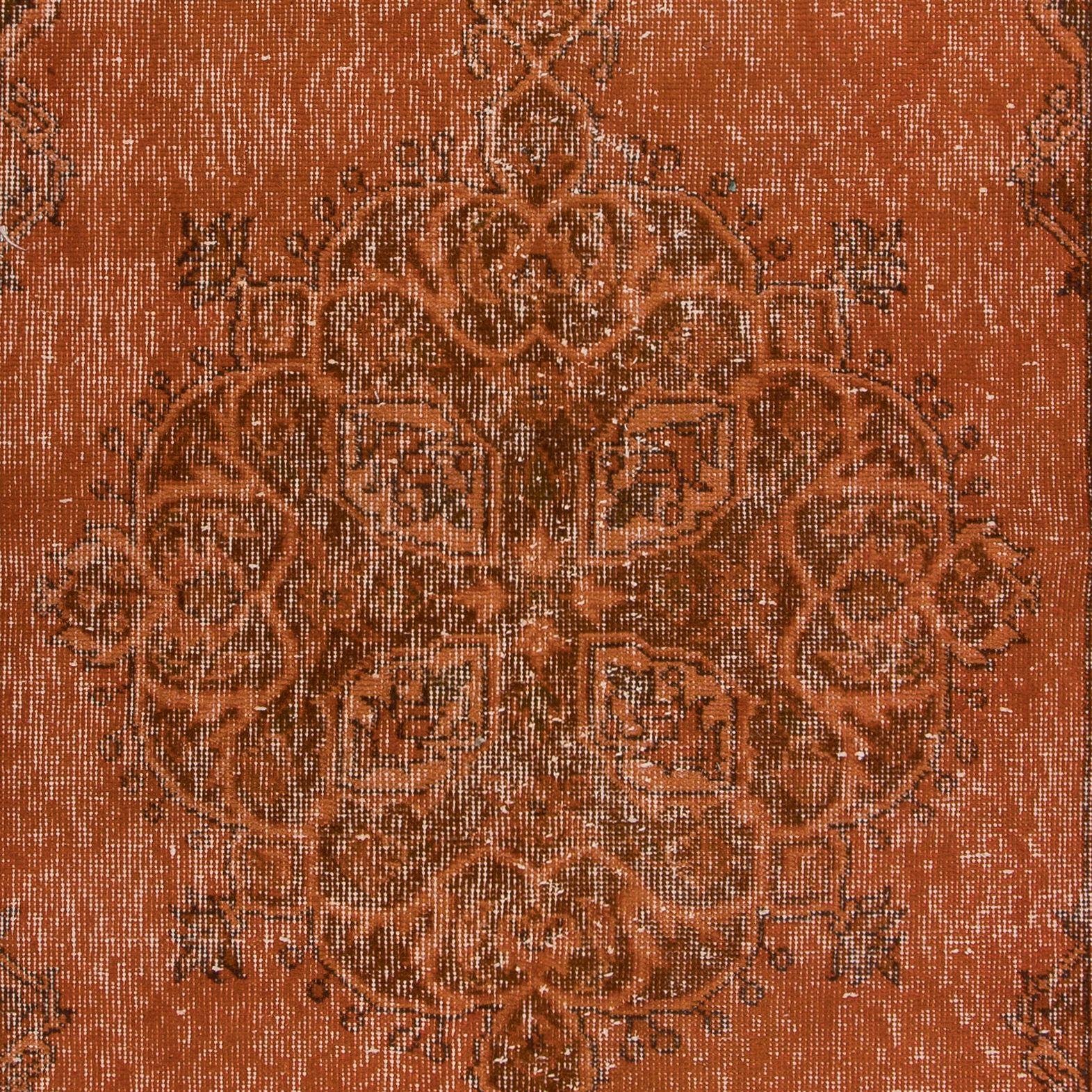 Turkish 4x6.6 Ft Orange Handmade Accent Rug with Medallion Desig, Small Wool Carpet For Sale