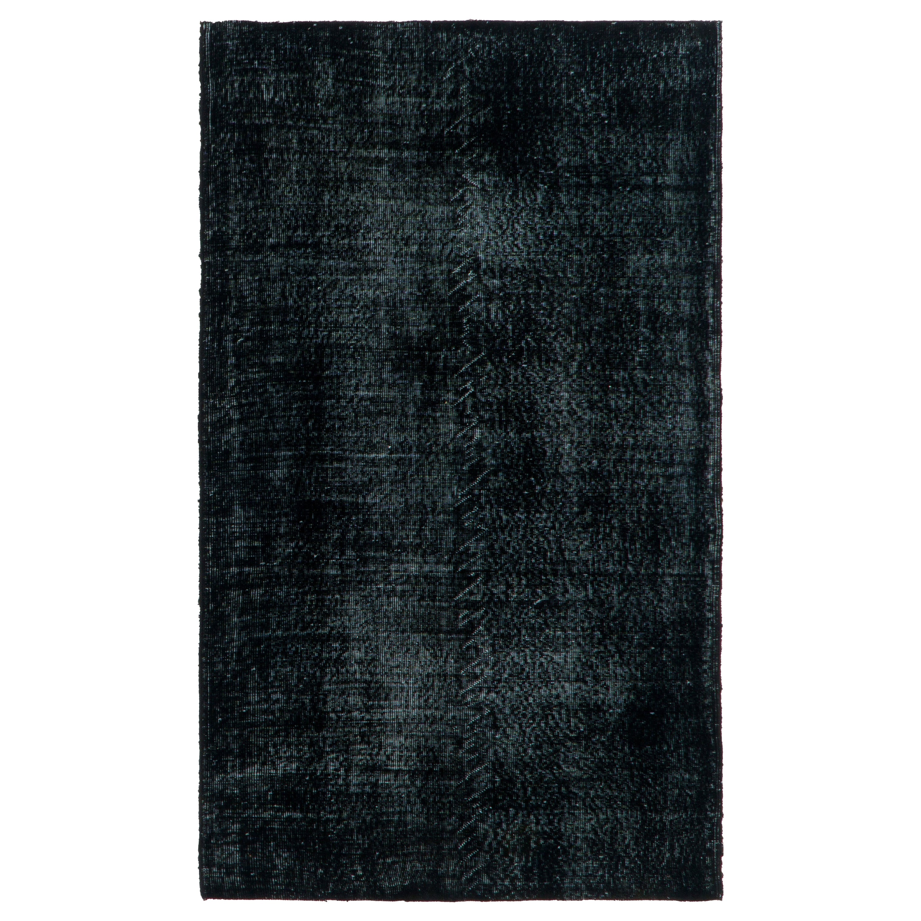 Tappeto di lana nera liscia turca fatto a mano 4x6.7 Ft, ideale per ambienti contemporanei