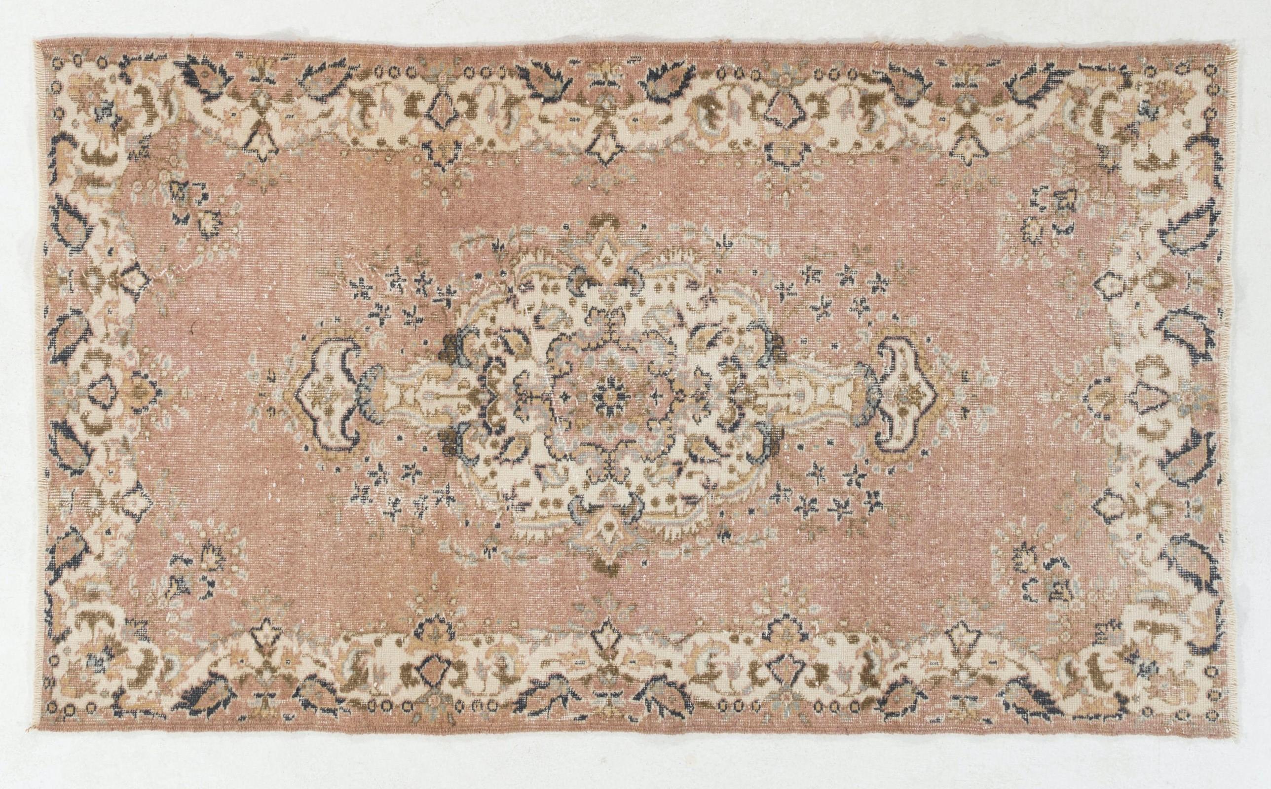 Oushak 4x6.7 ft Vintage Hand-Knotted Turkish Wool Rug in Coral Pink, Ivory For Sale