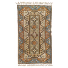 4x6.7 Ft Vintage Handmade Turkish Milas Accent Rug in Blue and Orange, 100% Wool