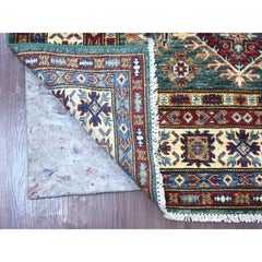 4'x6'7" Green Super Kazak with Star Medallion Design Hand Knotted All Wool Rug