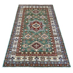 4'x6'7" Green Super Kazak with Star Medallion Design Hand Knotted All Wool Rug