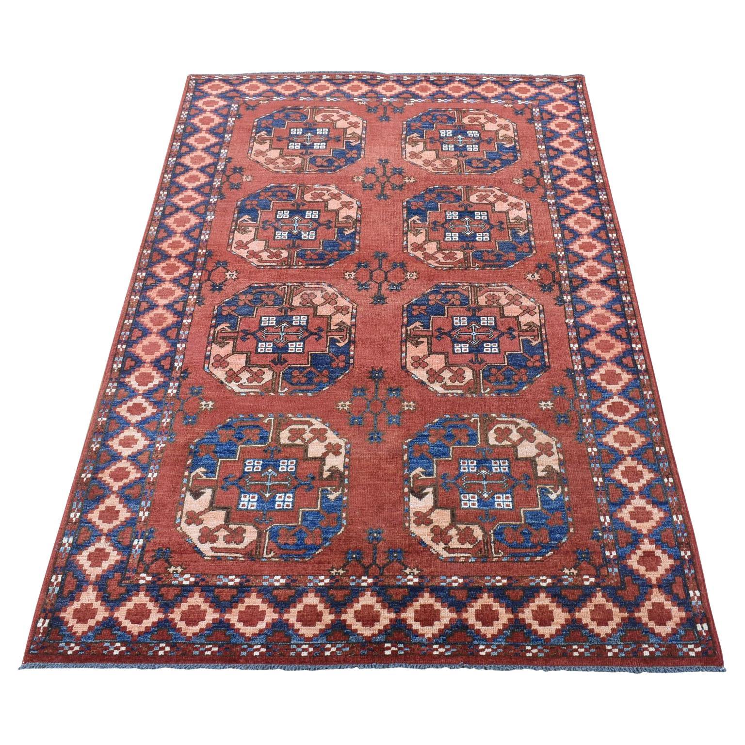 Tappeto orientale rosso corallo afghano Ersari in morbida lana annodata a mano 4
x6
8"