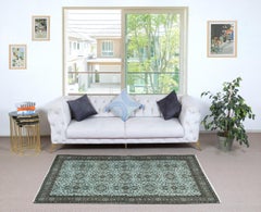 4x6.8 Ft Decorative Blue Color Handmade Turkish Wool Area Rug with Flower Design