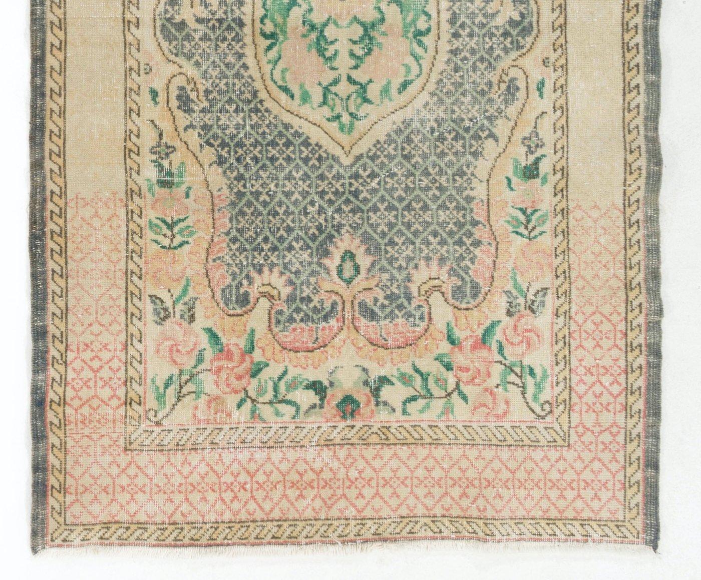 Hand-Knotted 4x6.8 ft French Aubusson Inspired Vintage Handmade Turkish Wool Area Rug For Sale