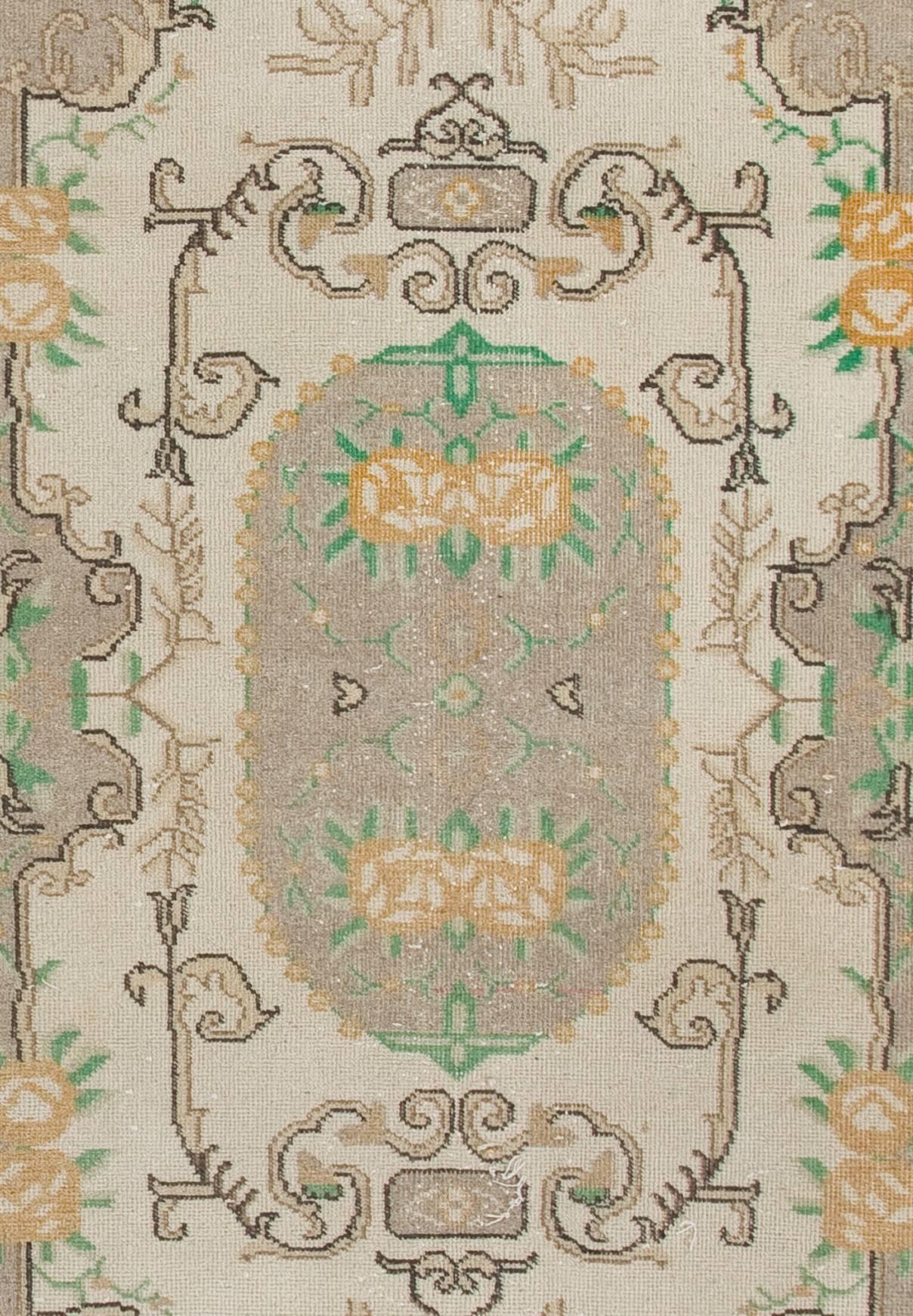 Art Nouveau 4x6.8 Ft Hand-Knotted Mid-Century Turkish Deco Accent Rug in Soft Colors For Sale