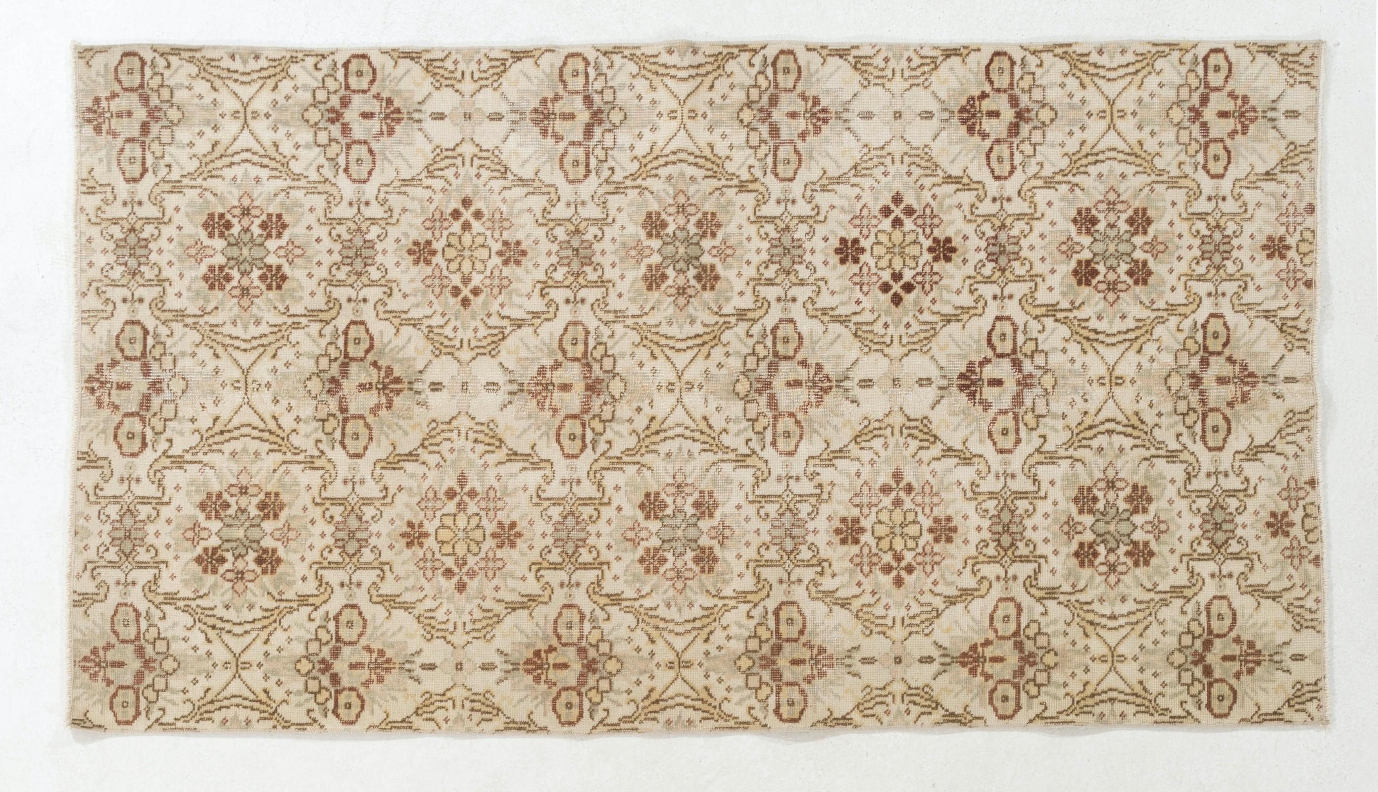 Wool 4 x 6.8 ft Hand-Knotted Vintage Turkish Oushak Accent Rug with Floral Design For Sale