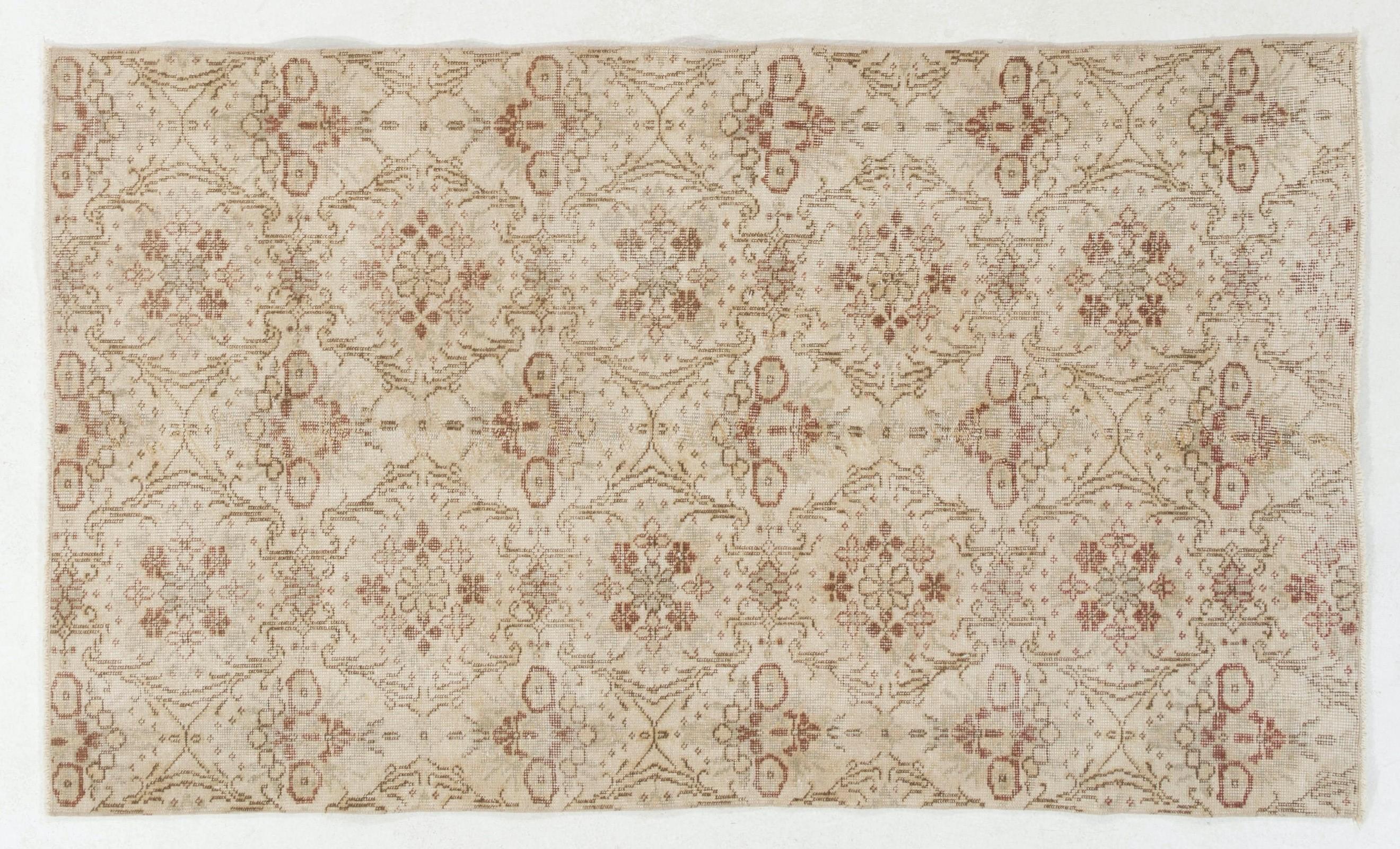 Wool 4x6.8 ft Hand-Knotted Vintage Turkish Oushak Accent Rug with Floral Design For Sale