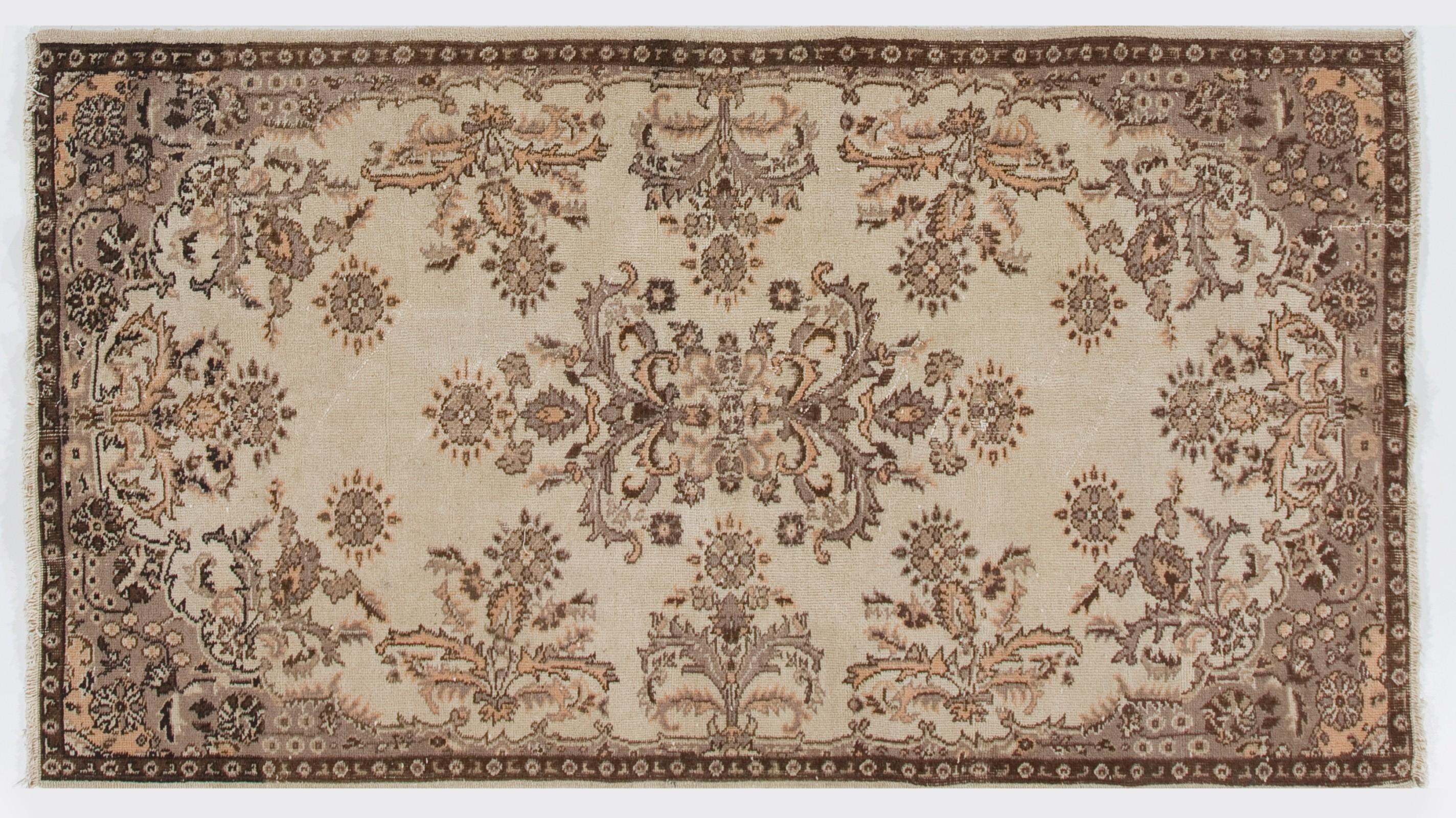 Hand-Knotted 4x6.8 ft Handmade 1960s Floral Garden Design Turkish Rug in Beige & Brown Colors For Sale