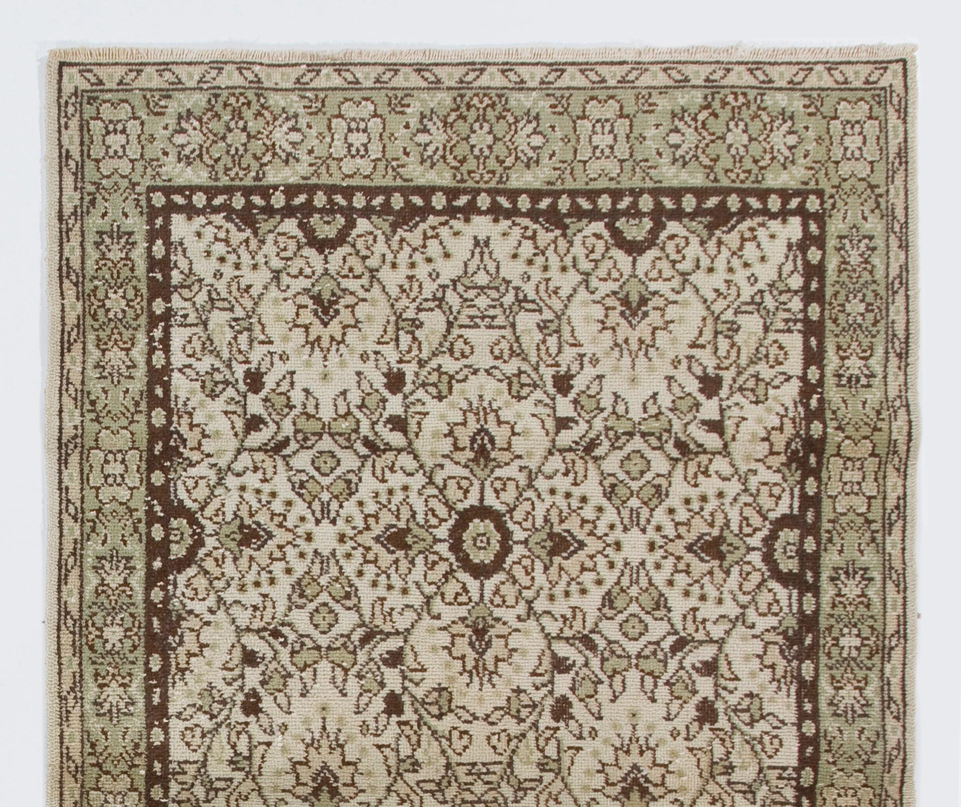 Oushak 4x6.8 Ft Handmade Vintage Floral Rug in Ivory, Brown and Soft Faded Green Color For Sale