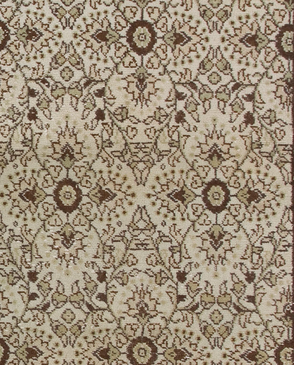 Turkish 4x6.8 Ft Handmade Vintage Floral Rug in Ivory, Brown and Soft Faded Green Color For Sale