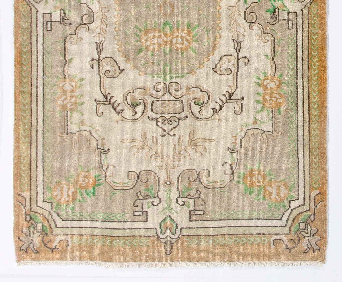 Hand-Knotted 4x7 ft Mid Century French Aubusson Inspired Handmade Floral Turkish Wool Rug For Sale