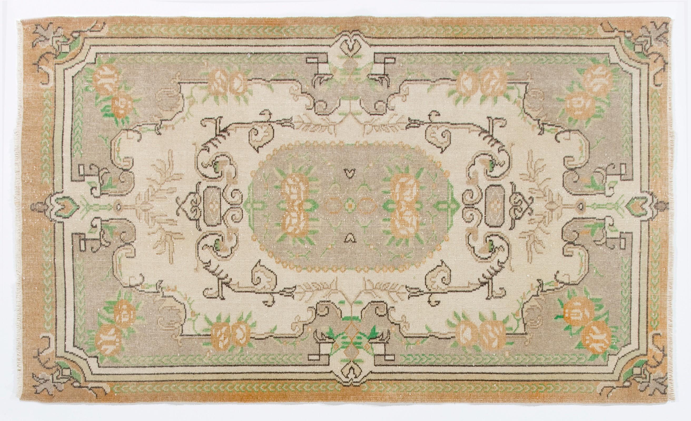 20th Century 4x7 ft Mid Century French Aubusson Inspired Handmade Floral Turkish Wool Rug For Sale