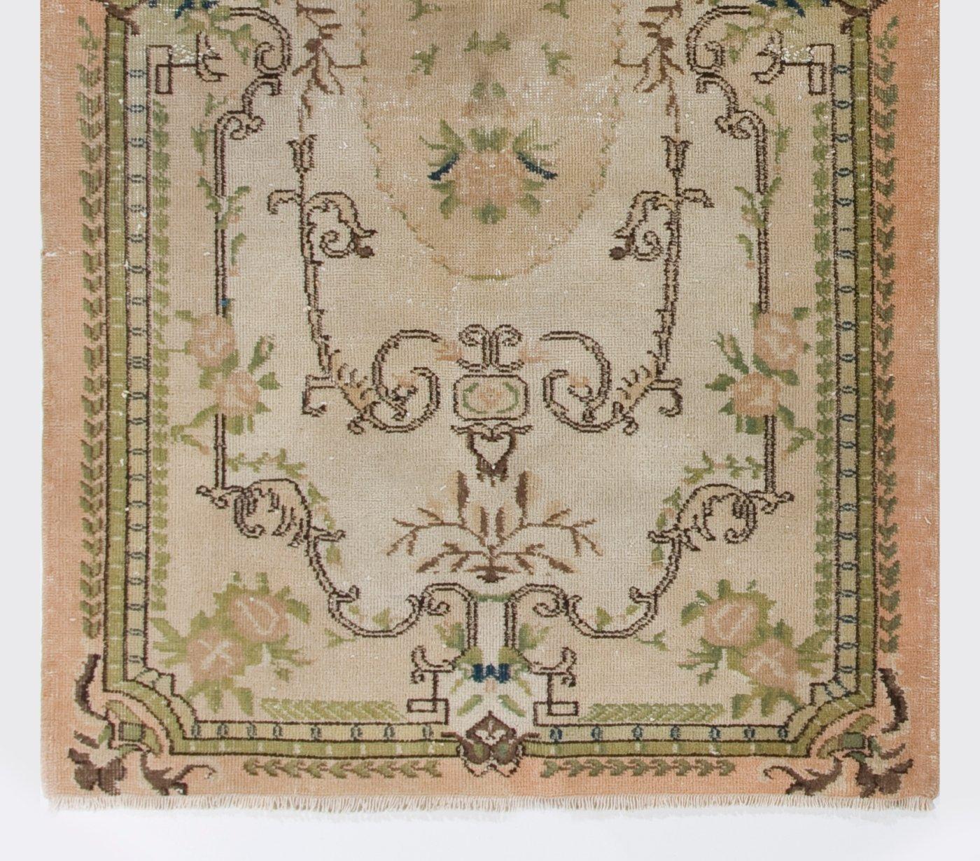 Hand-Knotted 4x6.8 Ft Vintage Aubusson Inspired Turkish Handmade Wool Rug in Soft Colors For Sale