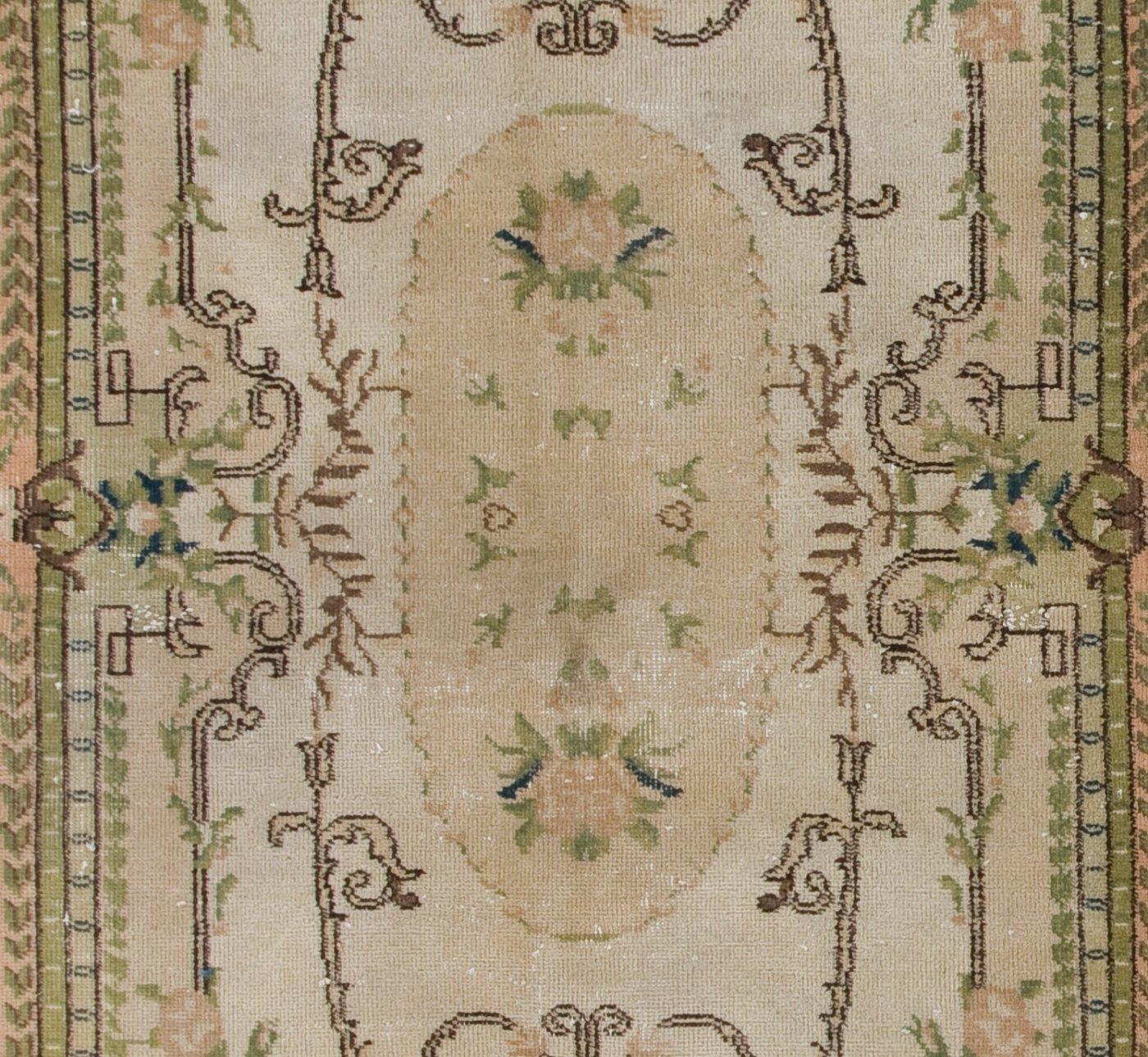 4x6.8 Ft Vintage Aubusson Inspired Turkish Handmade Wool Rug in Soft Colors In Good Condition For Sale In Philadelphia, PA