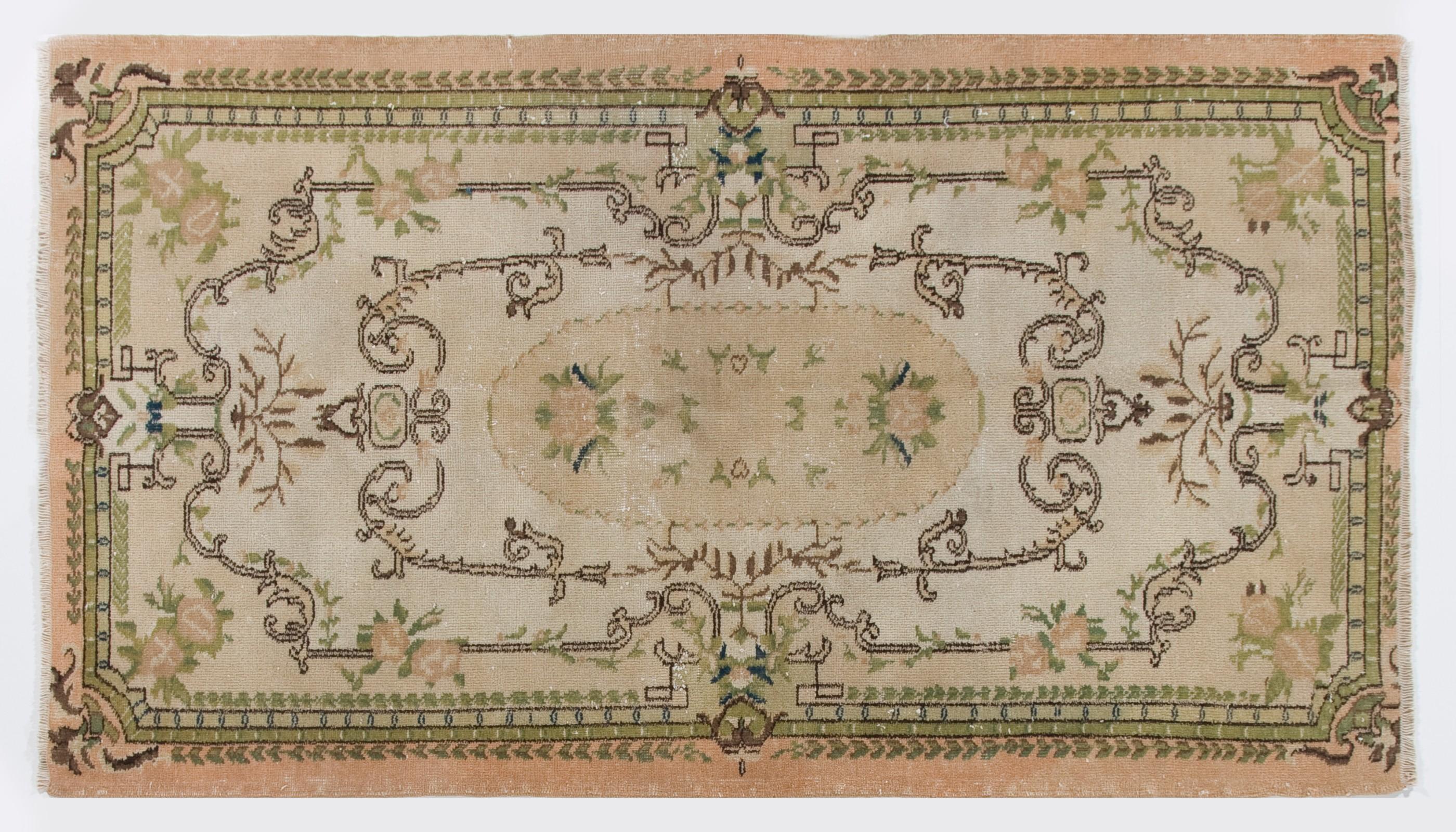 20th Century 4x6.8 Ft Vintage Aubusson Inspired Turkish Handmade Wool Rug in Soft Colors For Sale