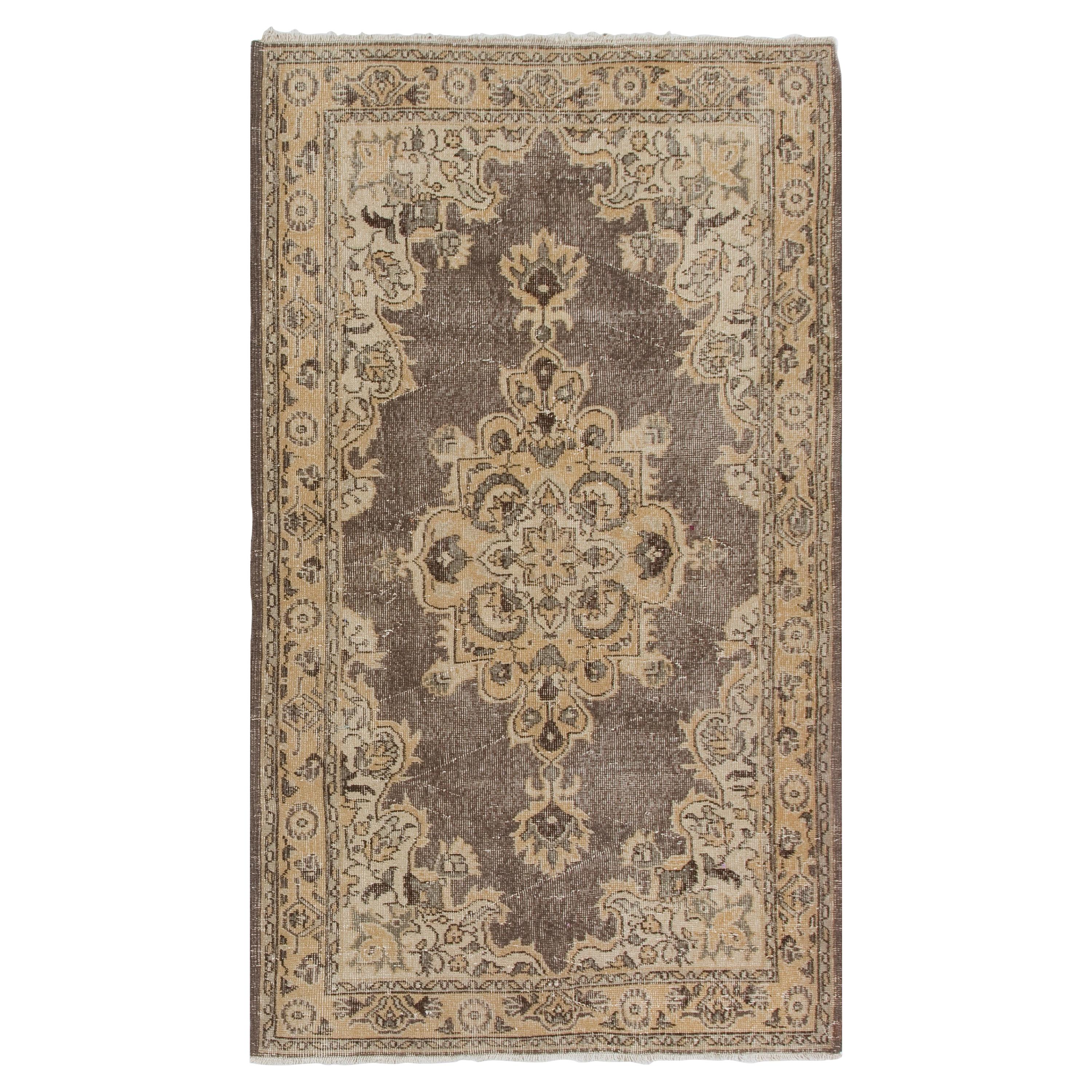 4x6.8 Ft Vintage Hand-Knotted Distressed Wool Accent Rug in Earthy Colors