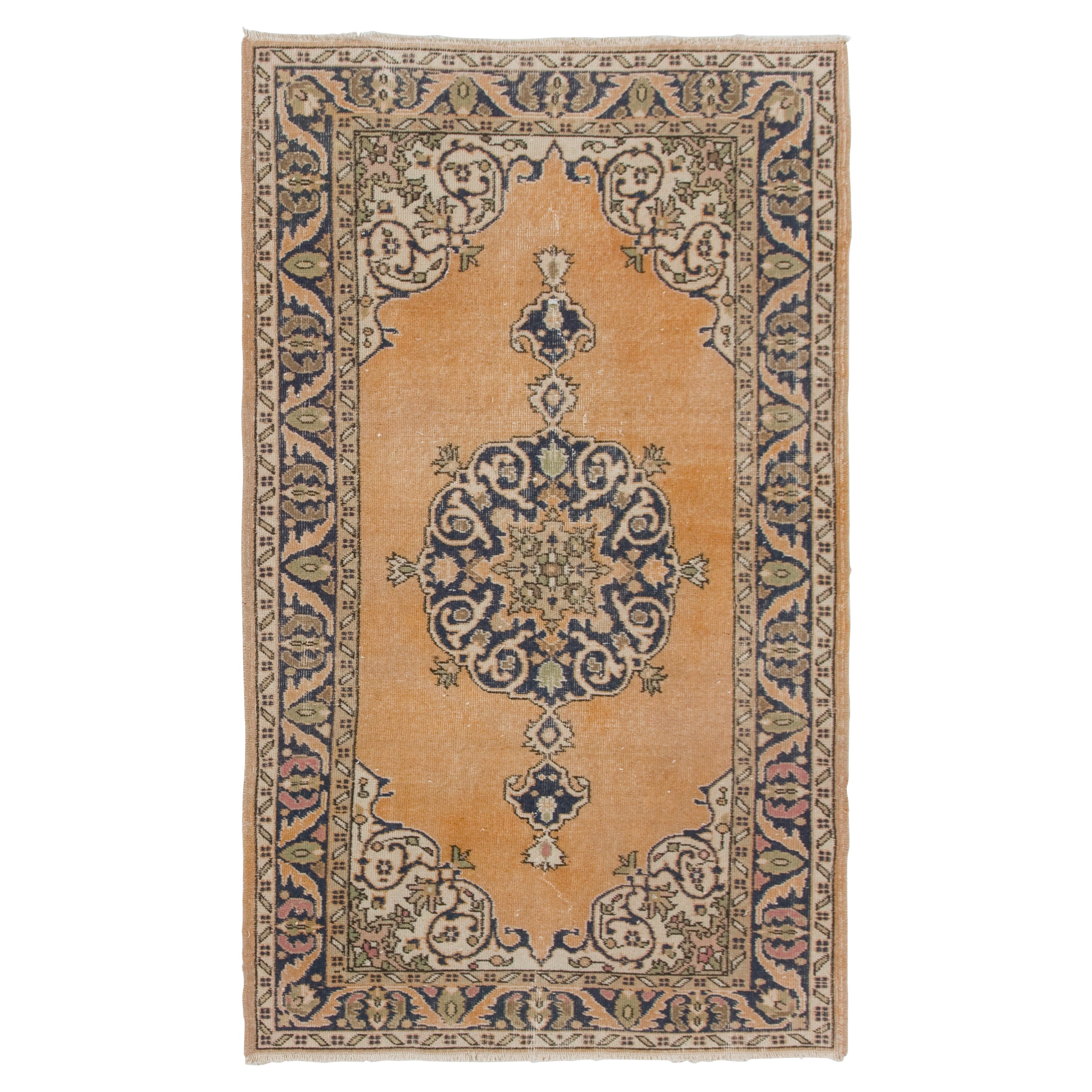 Tappeto vintage annodato a mano in turco Knots Rugs 4x6.8 Ft in blu navy e arancione in vendita