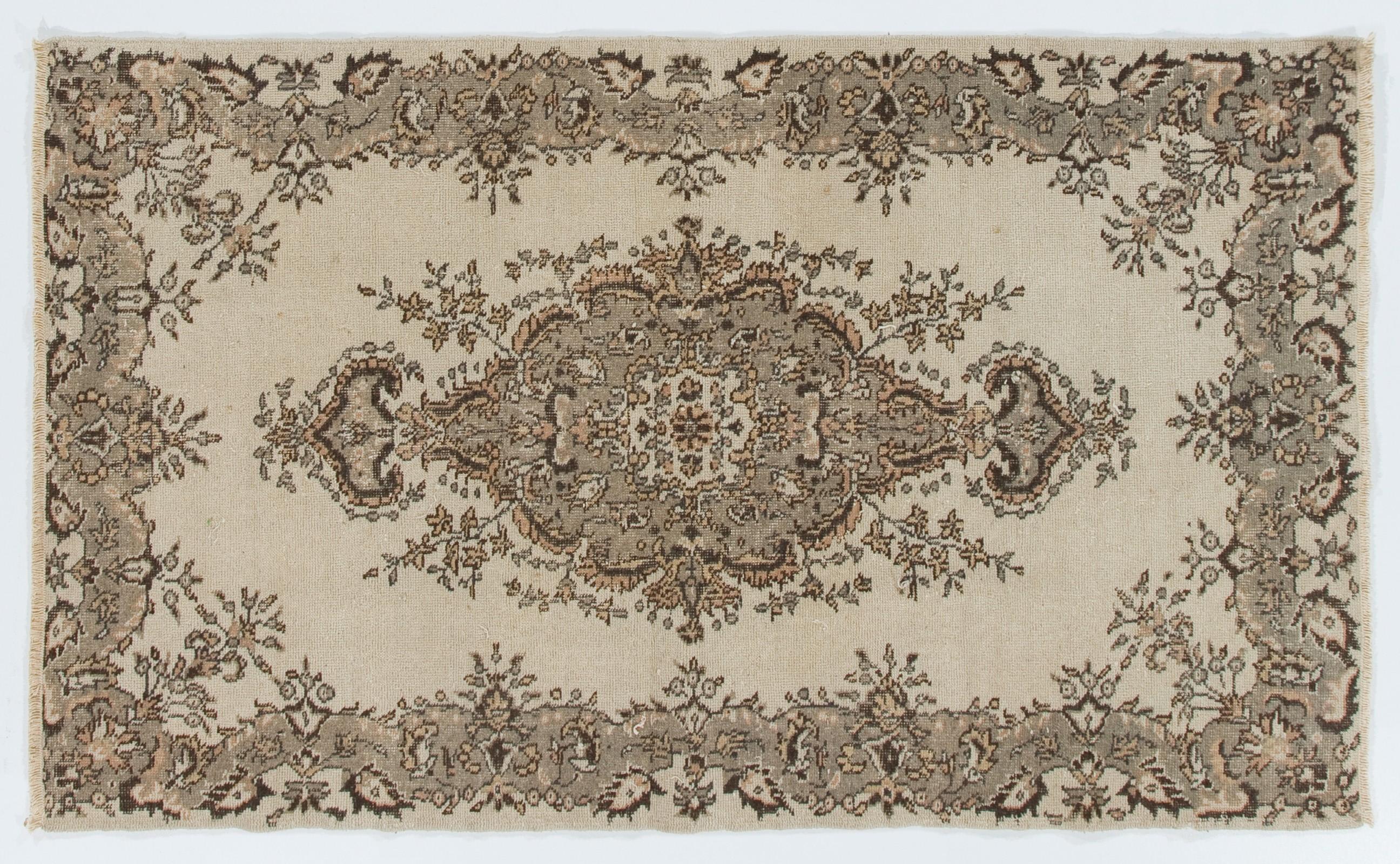 20th Century 4x6.8 Ft Vintage Hand Knotted Turkish Oushak Wool Area Rug in Beige, Gray For Sale