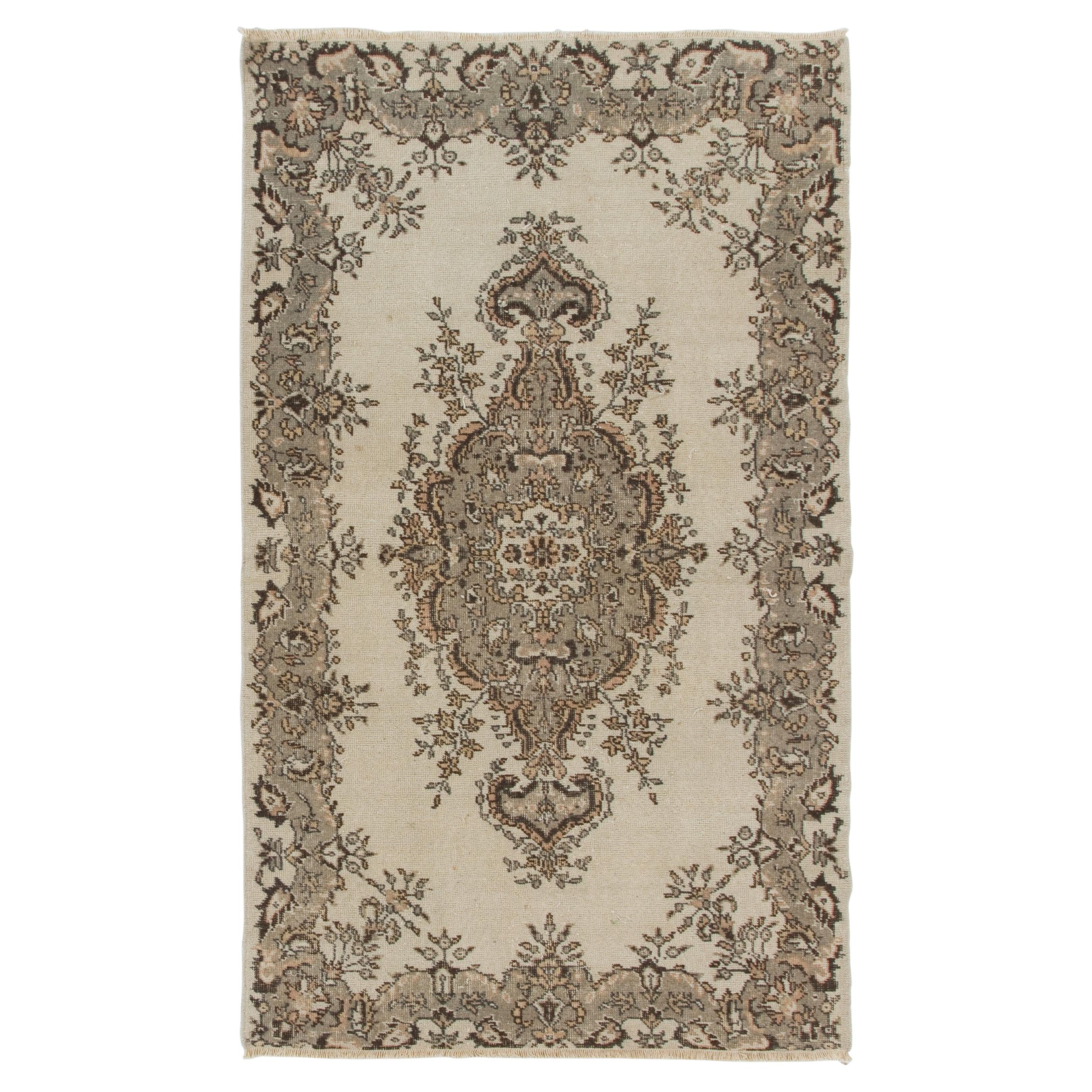 4x6.8 Ft Vintage Hand Knotted Turkish Oushak Wool Area Rug in Beige, Gray For Sale