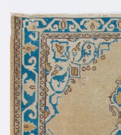 4x6.8 Ft Vintage Turkish Oushak Rug in Beige, Light Brown and Teal Blue Colors