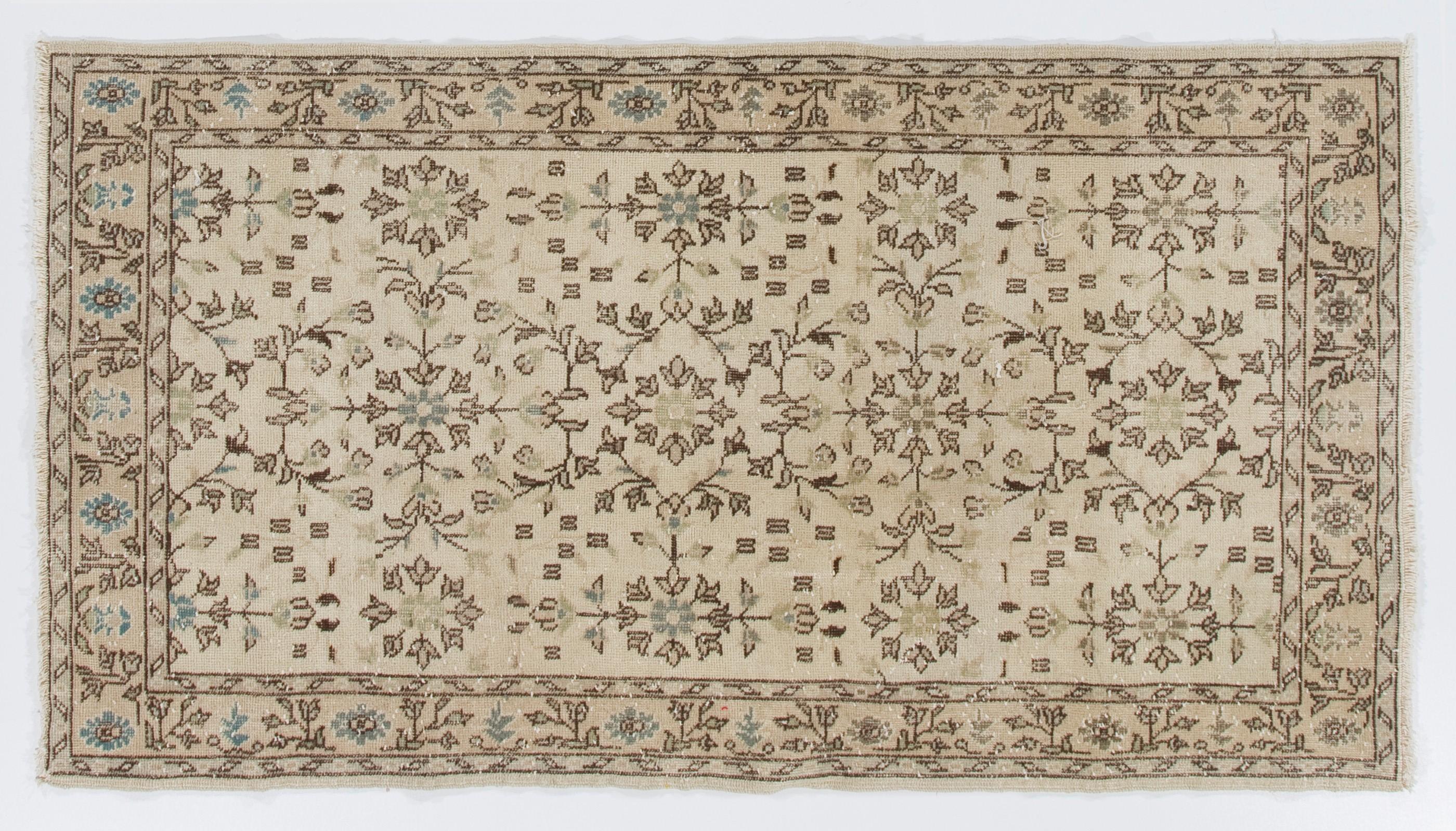 20th Century 4x6.8 ft Vintage Turkish Oushak Accent Rug in Beige with All-Over Floral Design For Sale