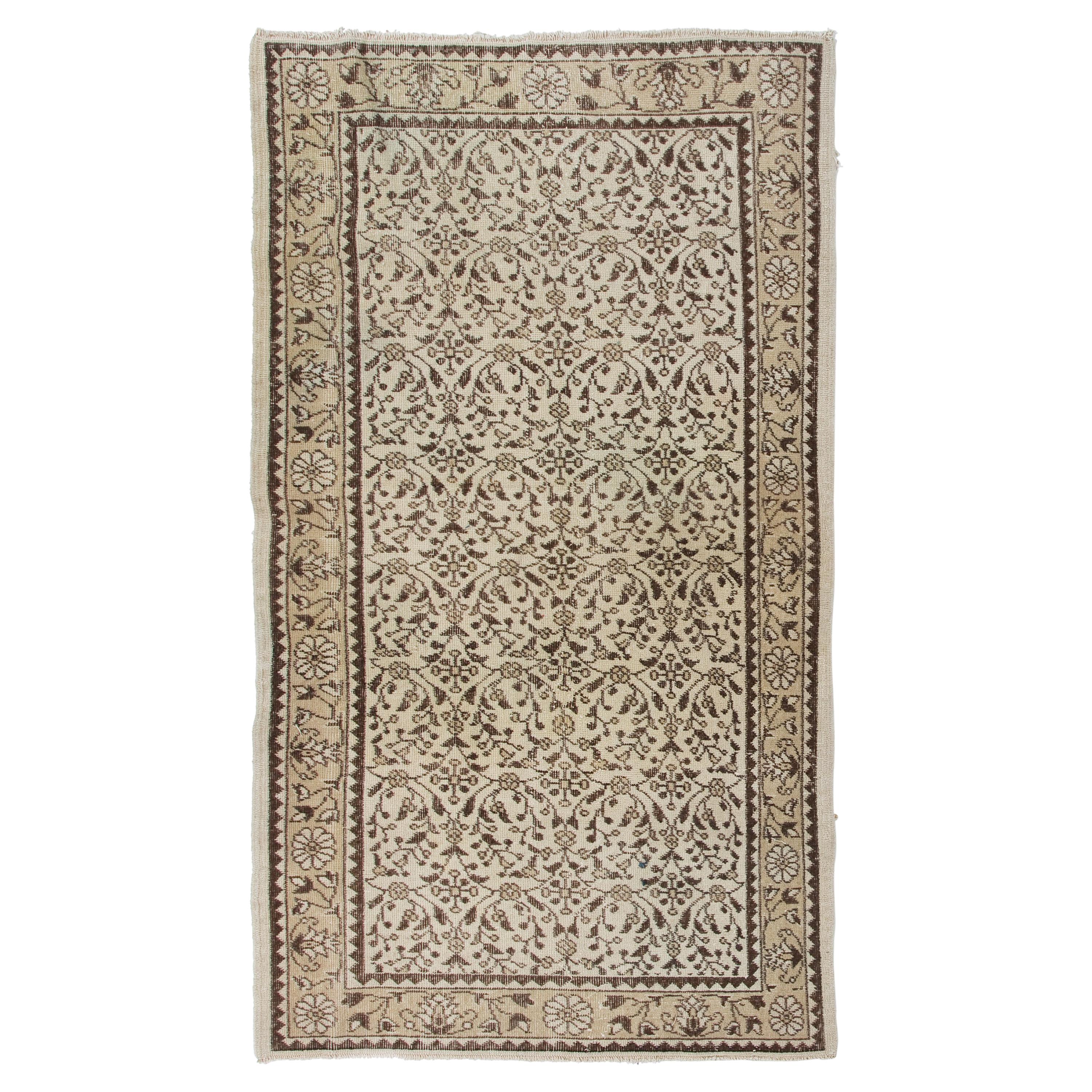 4x7 Ft Vintage Floral Distressed Hand-Knotted Wool Accent Rug in Brown, Beige For Sale