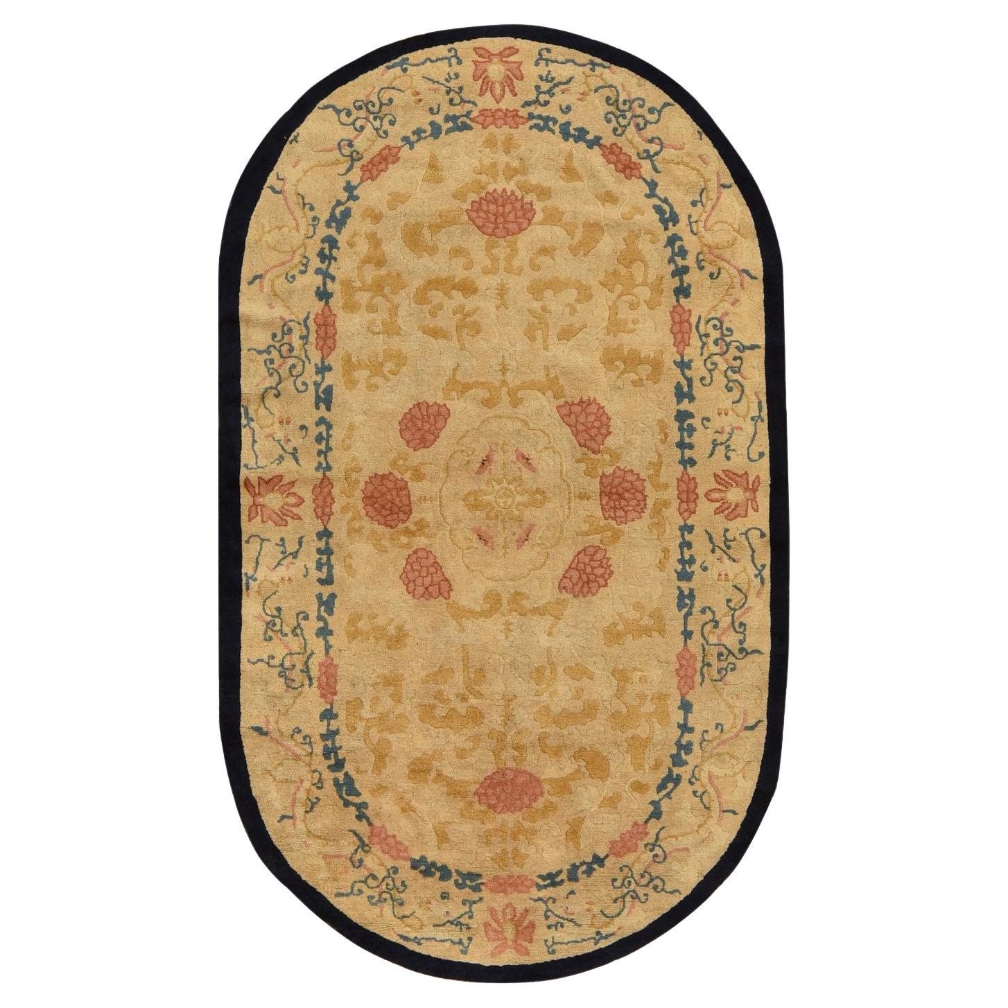 4'x6'9" Khaki Brown Antique Chinese Peking Oval Shape Hand Knots Rugs (Tapis de laine noué à la main) en vente