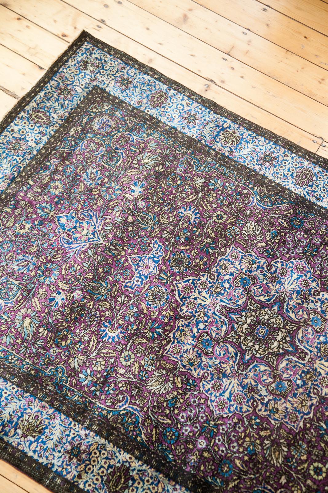 :: Beautiful fine antique silk Persian Kashan area rug conservative weaving date 1915, likely closer to 1900. An interesting and unusual fusion for rugs of this type: traditional Persian workshop carpet with strong European flare in the border