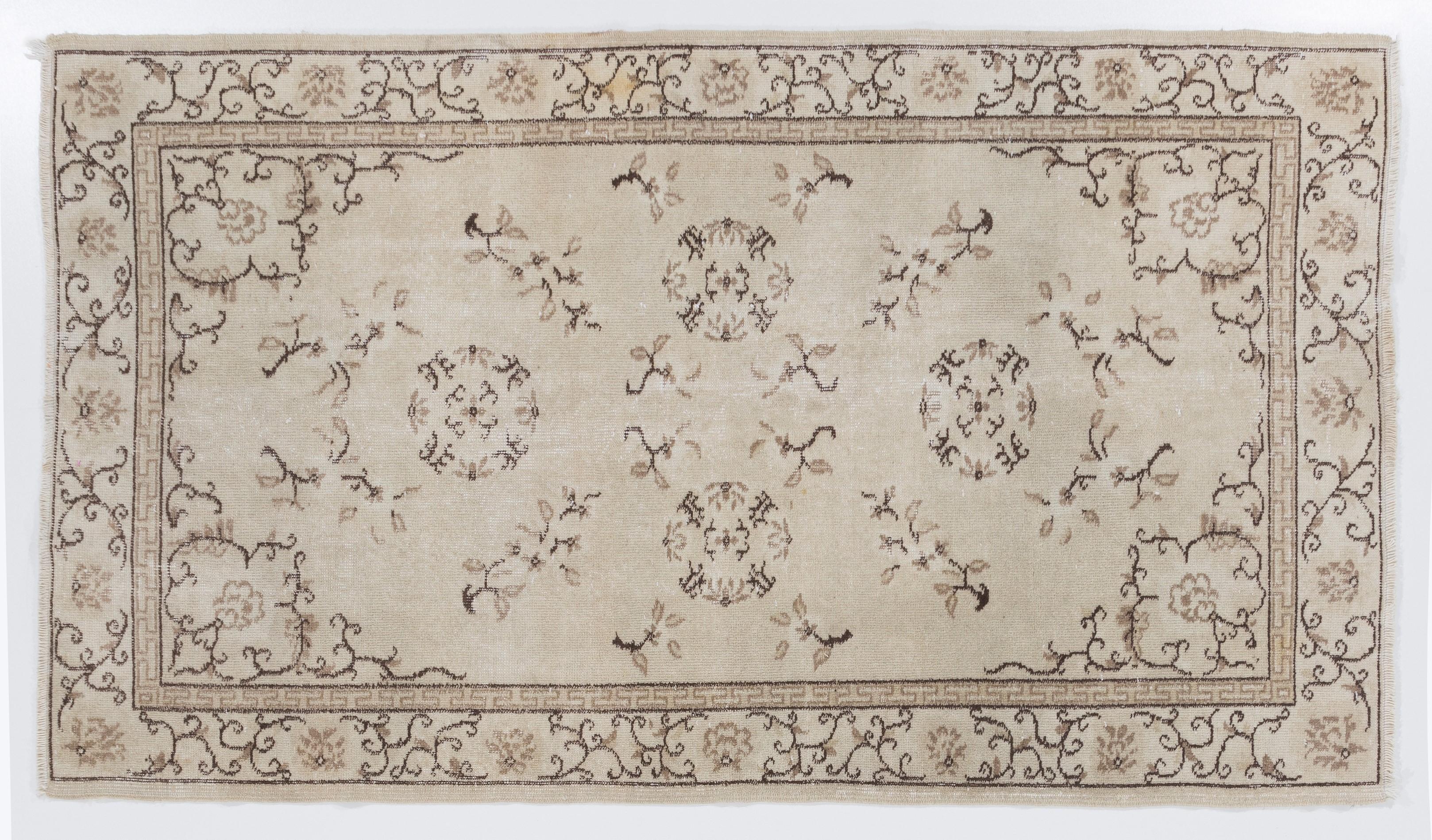 Hand-Knotted 4x7 Ft Art Deco Chinese Design Wool Rug in Beige, Brown Taupe Colors, circa 1960 For Sale