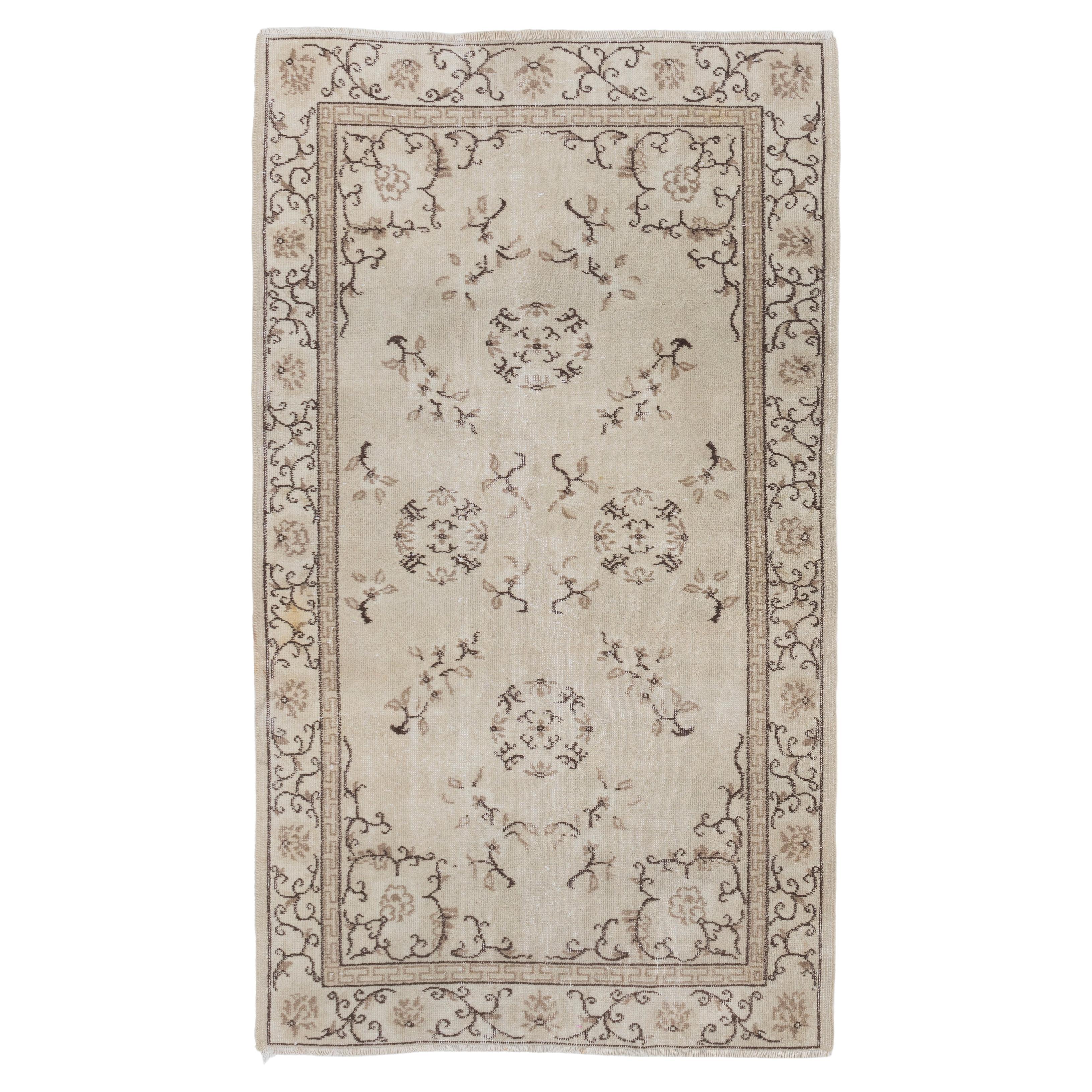 4x7 Ft Art Deco Chinese Design Wool Rug in Beige, Brown Taupe Colors, circa 1960 For Sale
