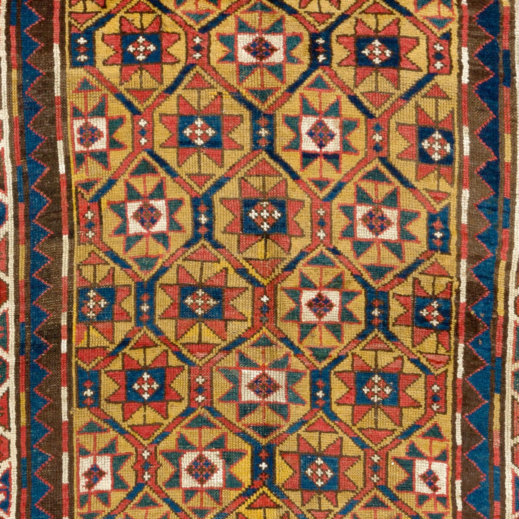 Azerbaijani 4x7 Ft Antique Caucasian Kazak Rug with Yellow Field, Ca 1880 For Sale