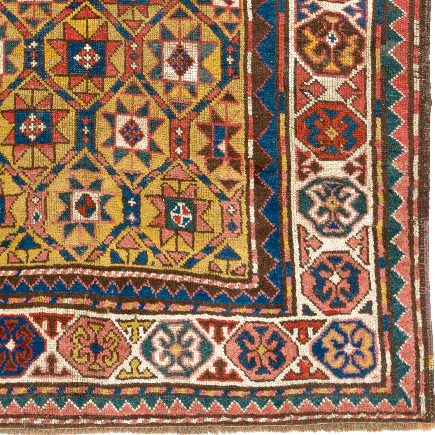 Hand-Knotted 4x7 Ft Antique Caucasian Kazak Rug with Yellow Field, Ca 1880 For Sale