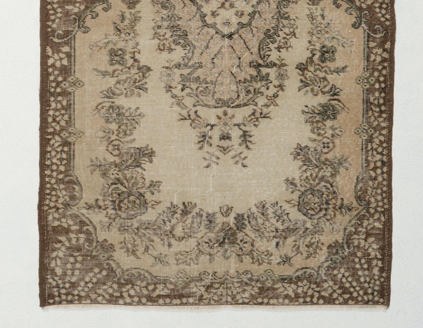 Oushak 4x7 Ft Handmade Vintage Turkish Accent Rug in Beige & Brown. Faded Wool Carpet For Sale