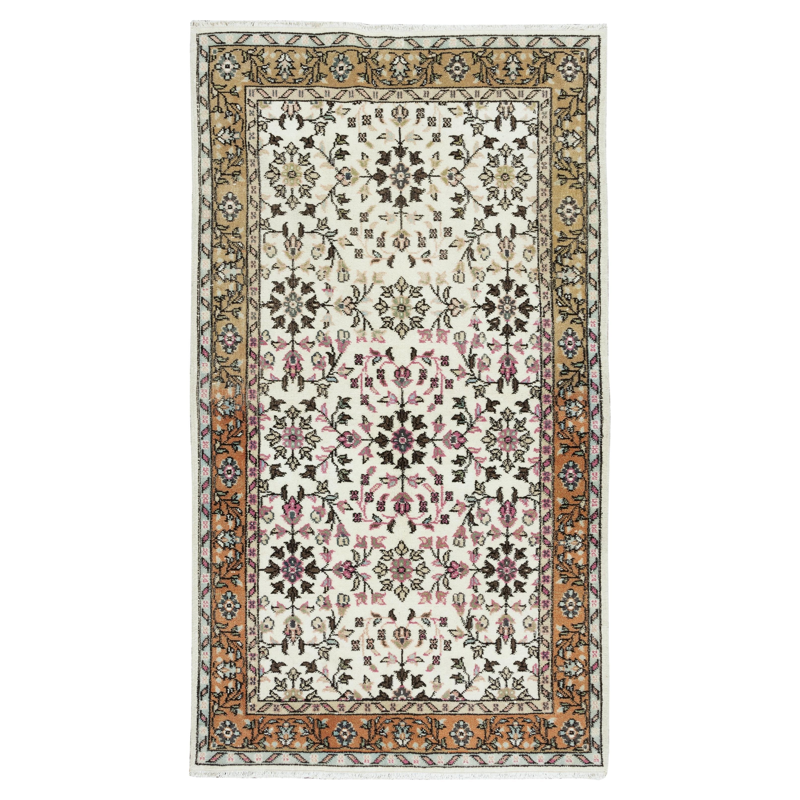 4x7 Ft Authentic Handmade Vintage Turkish Wool Accent Rug with Colorful Flowers