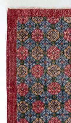 4x7 Ft Authentic Vintage Hand Knotted Turkish Floral Accent Rug in Red and Blue