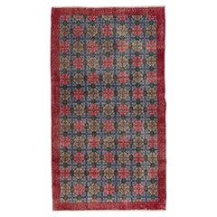 4x7 Ft authentischer handgeknüpfter türkischer Vintage-Teppich mit Blumenakzent in Rot und Blau