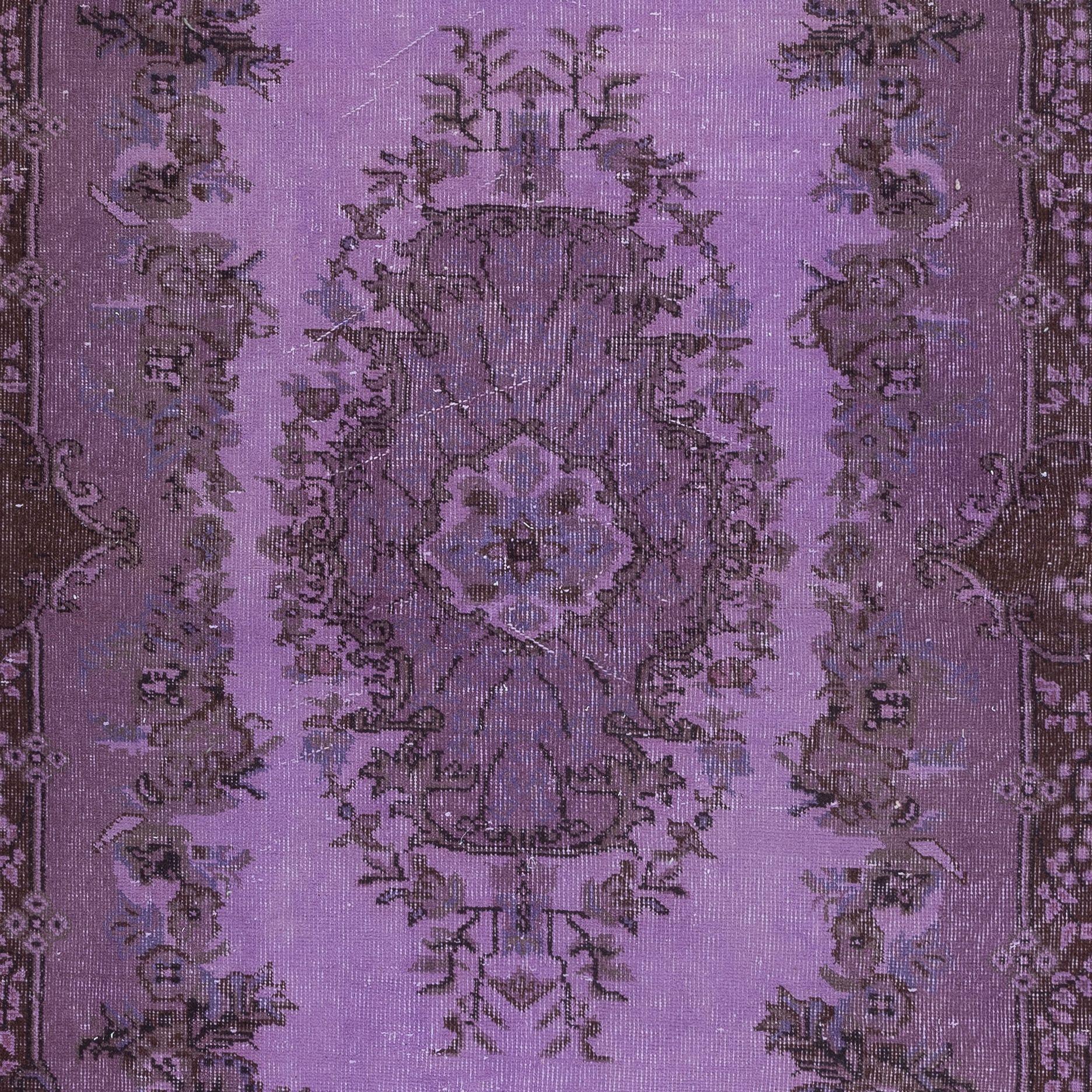 Modern 4x7 Ft Ethnic Handmade Turkish Rug Over-Dyed in Purple, Vintage Carpet For Sale