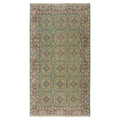 4x7 ft Floral Hand-Knotted Vintage Turkish Wool Rug in Green, Salmon Pink