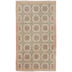 4x7 Ft Floral Vintage Central Anatolian Rug in Soft Coral Pink and Green Colors