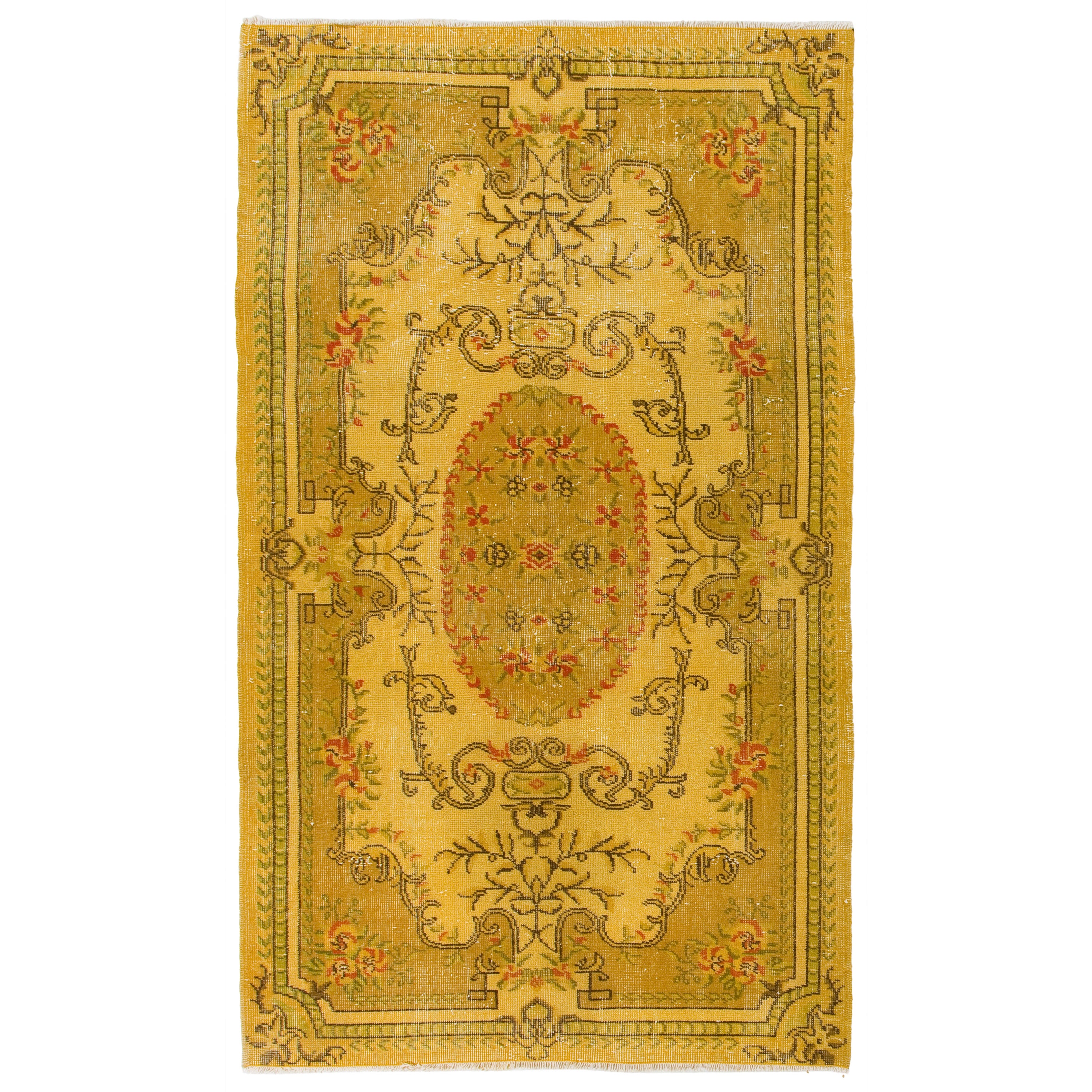 Tappeto turco 4x7 Ft di ispirazione francese Aubusson in giallo, Tappeto moderno fatto a mano