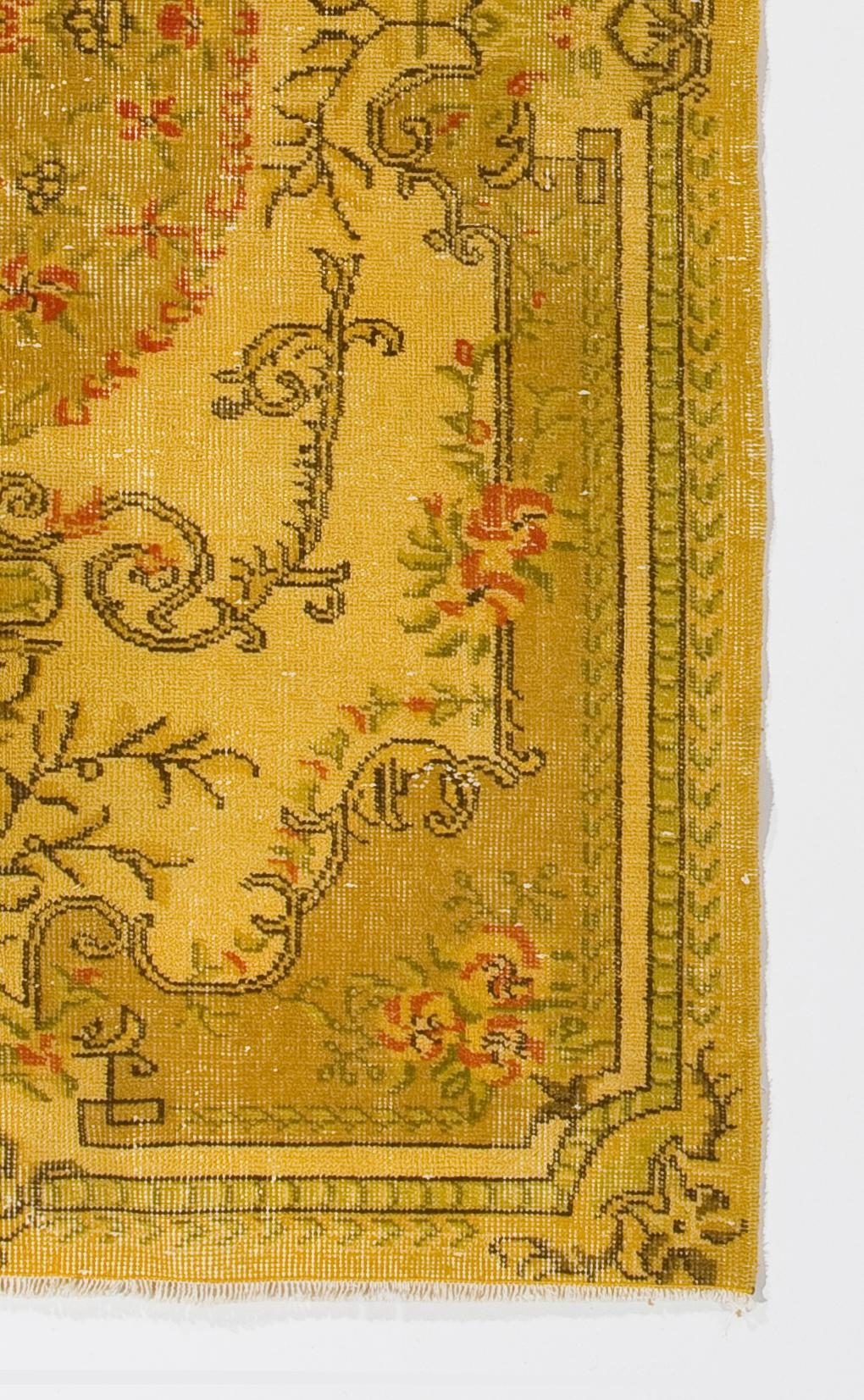 Turco Tappeto turco 4x7 Ft di ispirazione francese Aubusson in giallo, Tappeto moderno fatto a mano