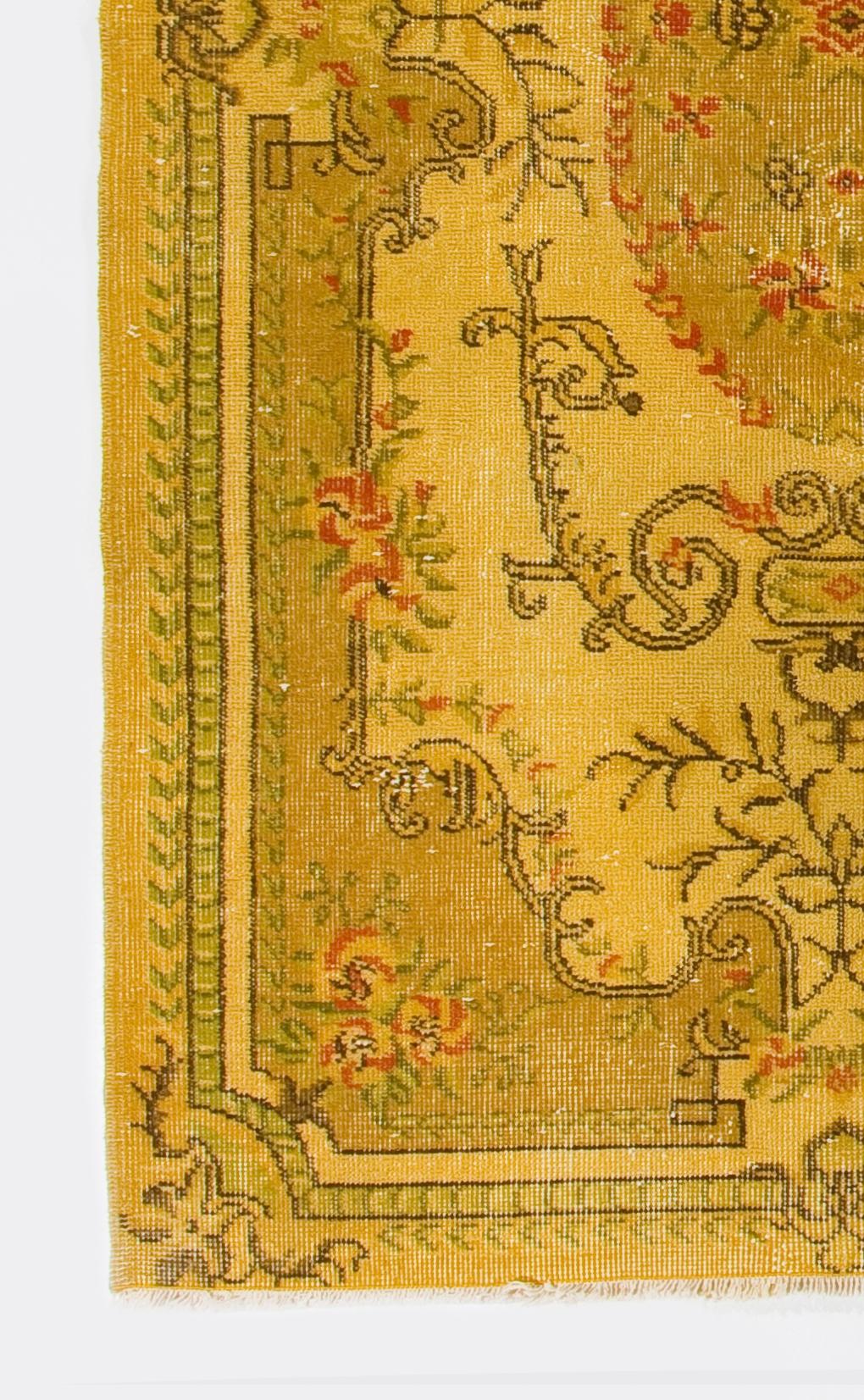 Tessuto a mano Tappeto turco 4x7 Ft di ispirazione francese Aubusson in giallo, Tappeto moderno fatto a mano