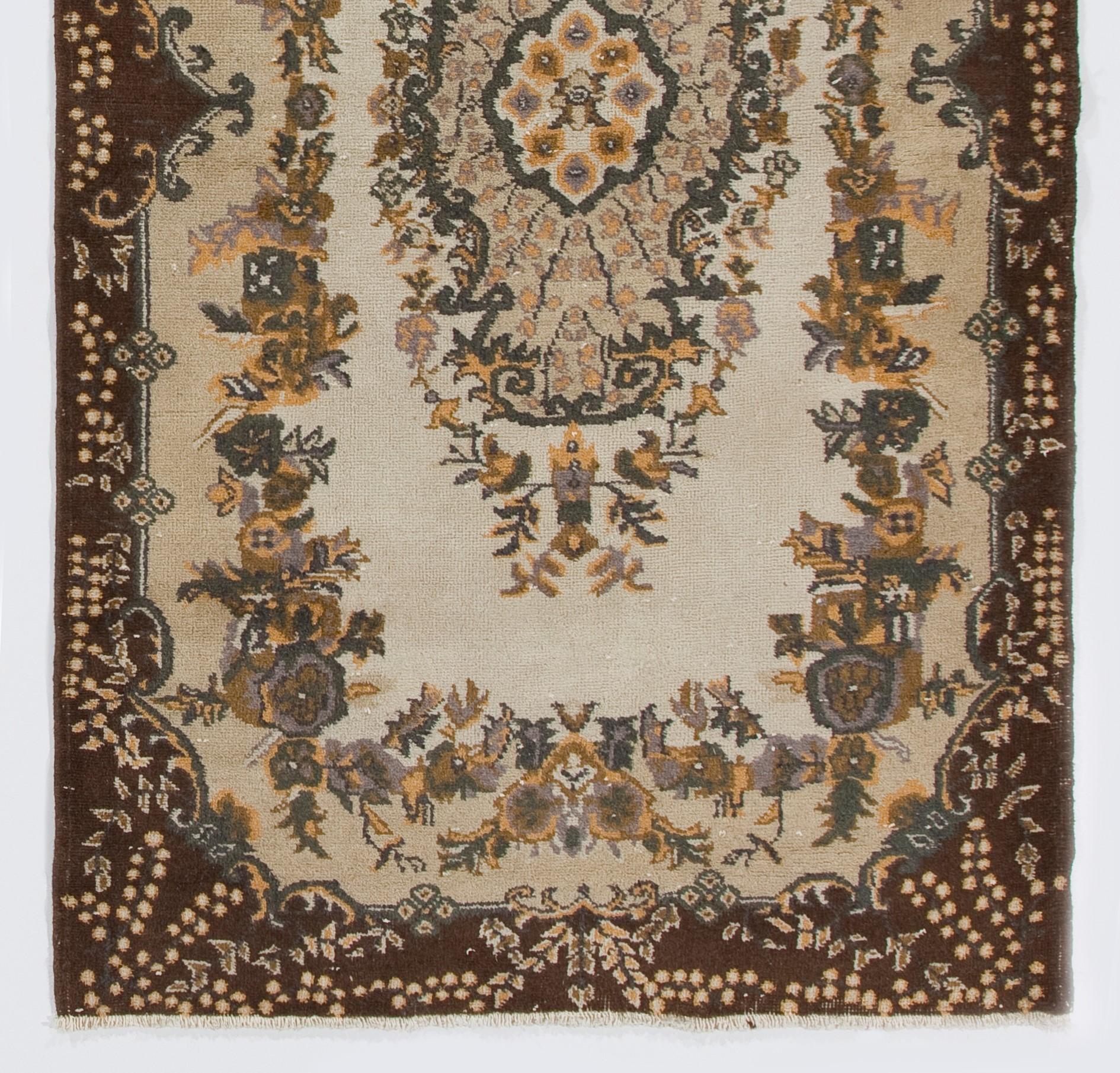 Oushak 4x6.8 Ft Hand Knotted Vintage Accent Rug Beige, Brown, Mauve, Rust, Dark Green For Sale