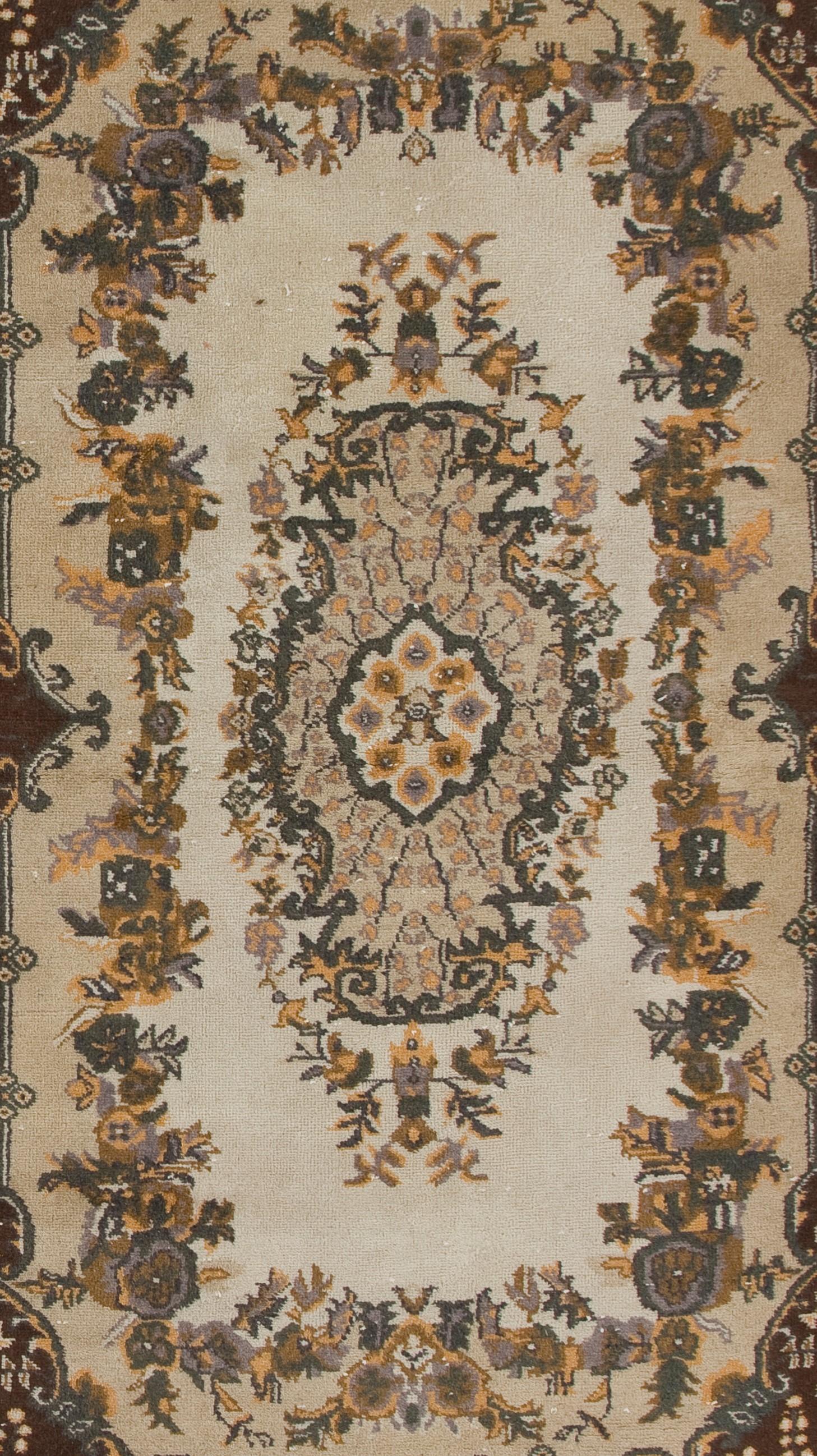 Turkish 4x6.8 Ft Hand Knotted Vintage Accent Rug Beige, Brown, Mauve, Rust, Dark Green For Sale