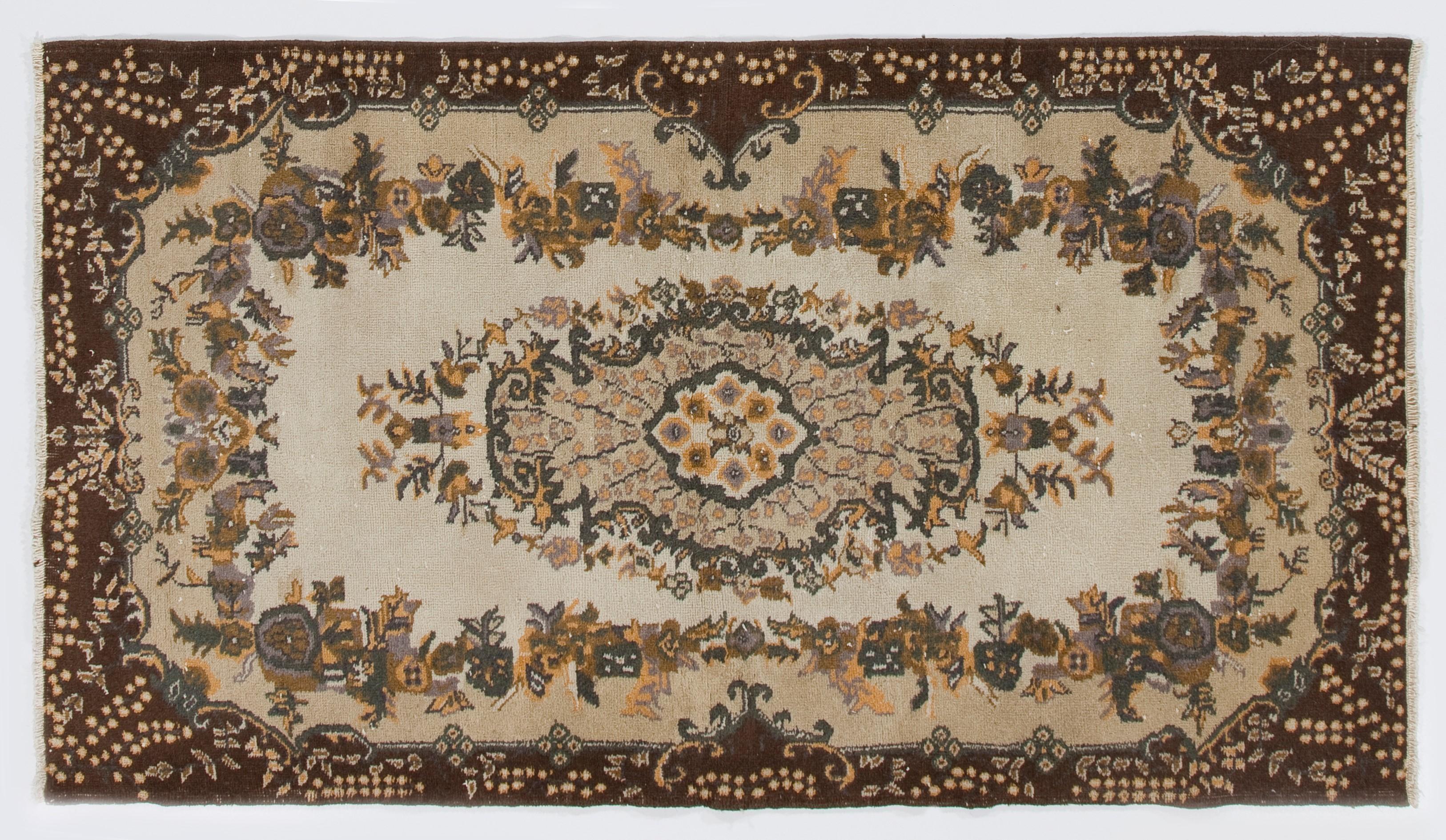 Hand-Knotted 4x6.8 Ft Hand Knotted Vintage Accent Rug Beige, Brown, Mauve, Rust, Dark Green For Sale
